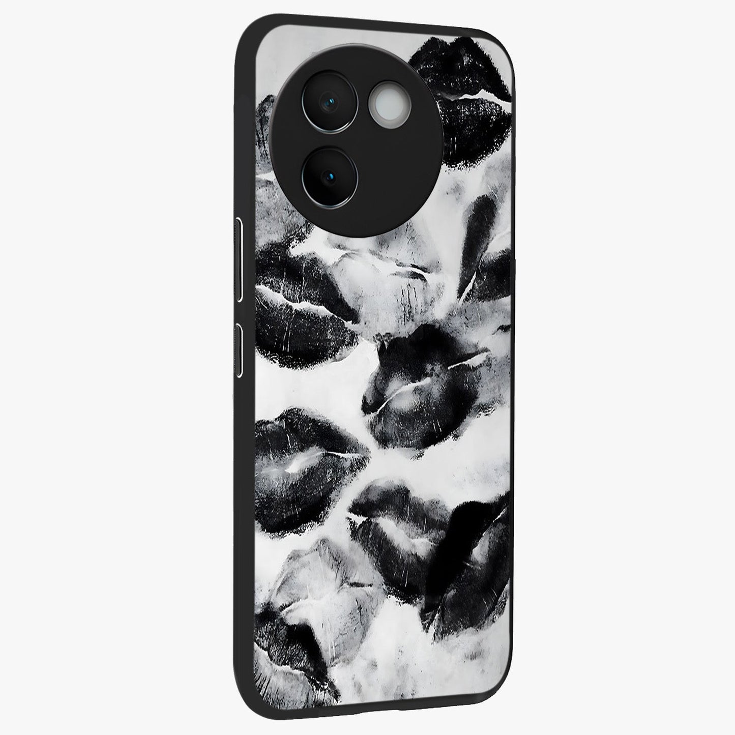 Midnight Kiss Marks Glass Case upright view showcasing stylish kiss mark artwork with trendy romantic theme.