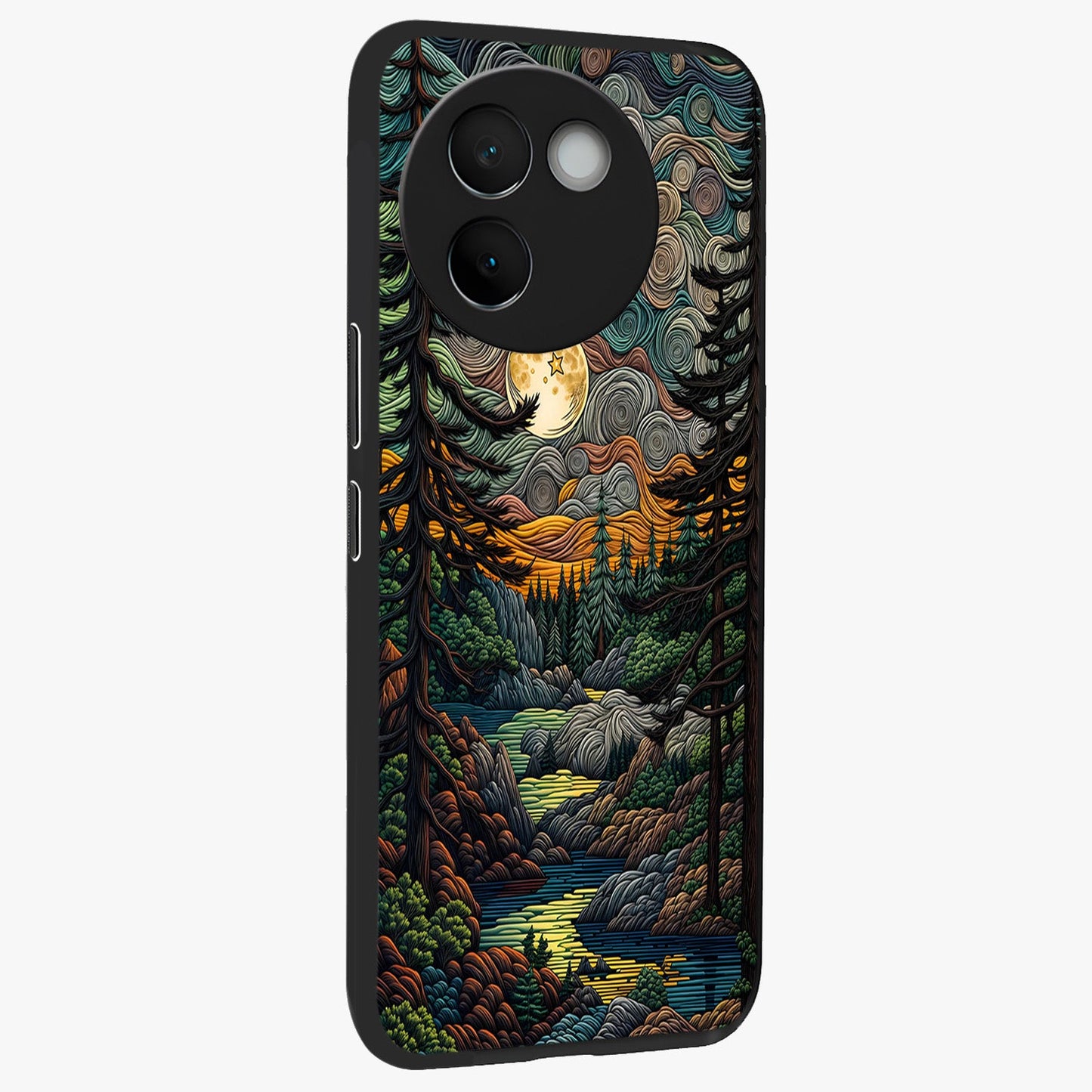 Moonlight Forest Dream Glass Case upright view showcasing magical forest artwork with calm night theme.