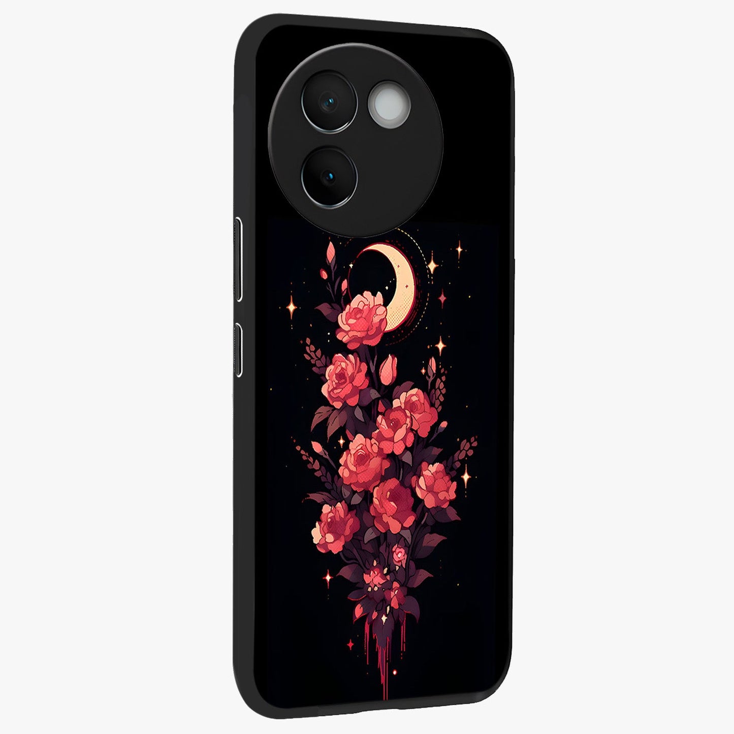 Moonlit Floral Elegance Glass Case upright view showcasing delicate floral artwork with refined night inspired theme.