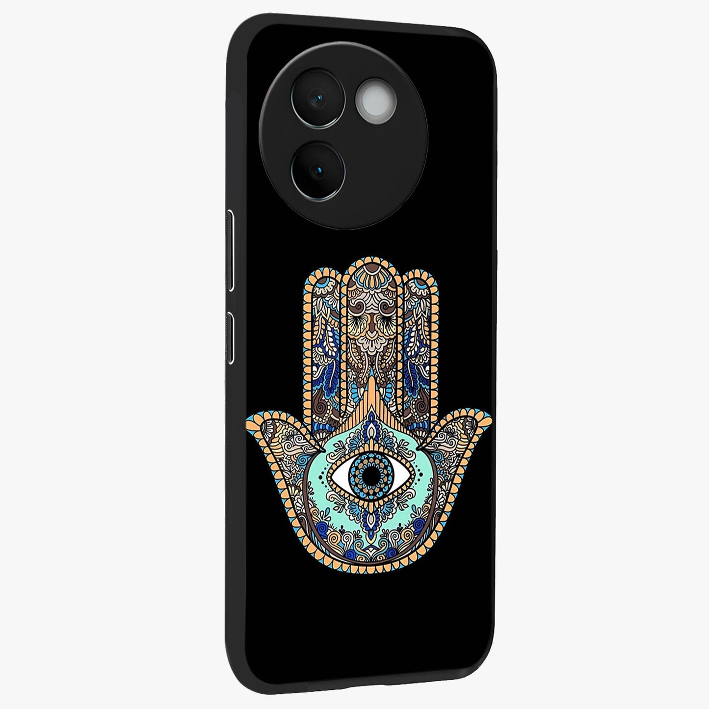 Mystic Hamsa Eye Glass Case upright view showcasing detailed hamsa eye artwork with protective spiritual theme.