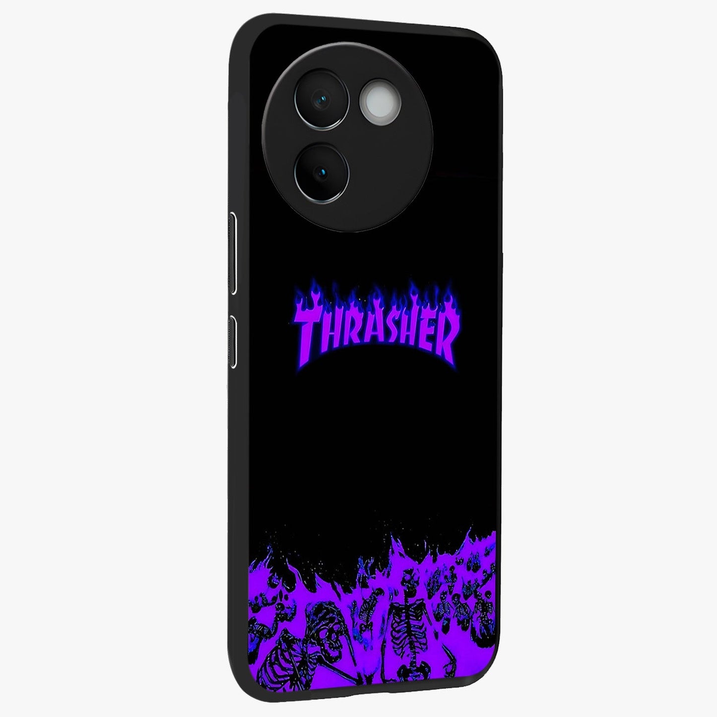 Neon Flame Riot Glass Case upright view showcasing dynamic flame artwork with energetic neon theme.