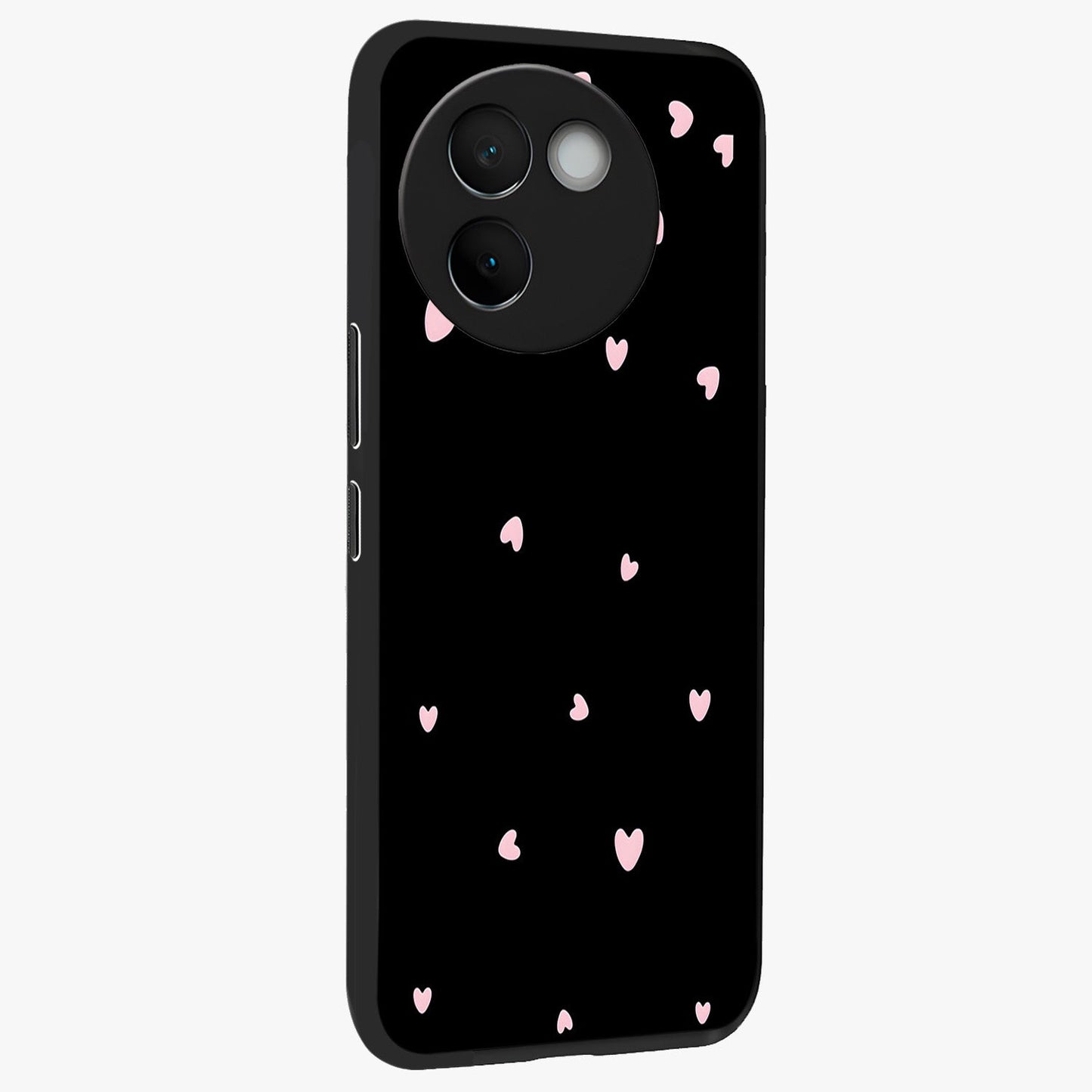 Pink Love Drops Glass Case upright view showcasing charming heart drop artwork with romantic playful theme.