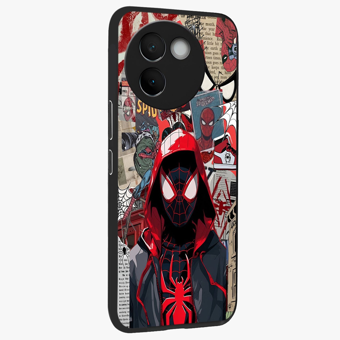 Spider Collage Street Glass Case upright view showcasing bold superhero artwork with urban street theme.