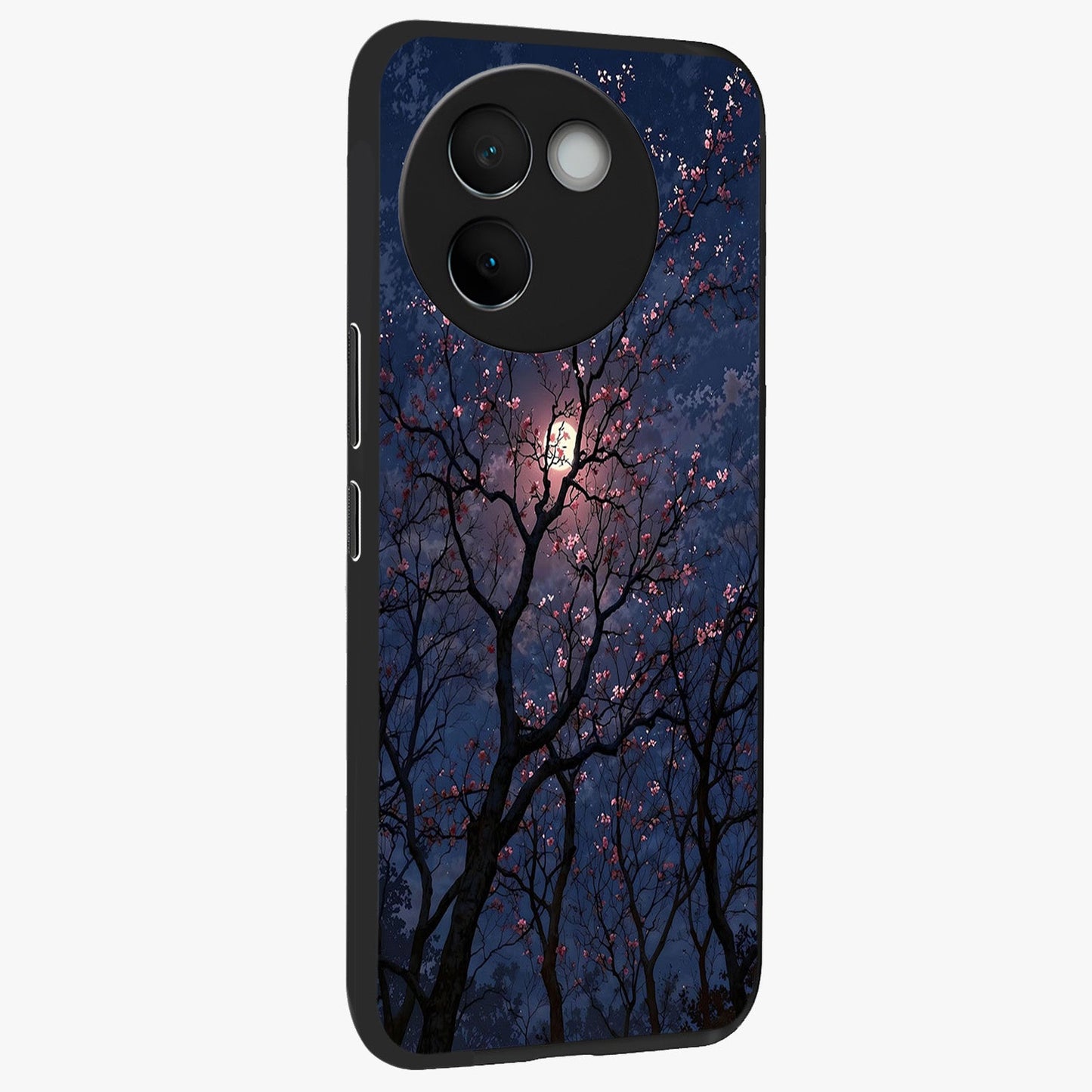 Twilight Sakura Serenade Glass Case upright view showcasing beautiful cherry blossom artwork with serene evening theme.