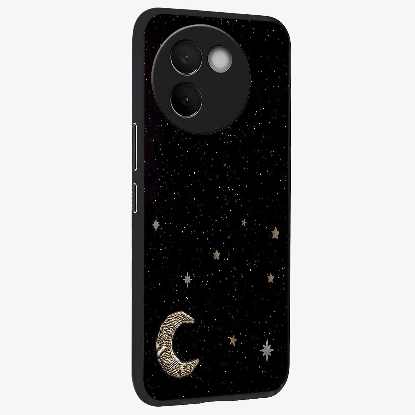 Twinkle Star With Half Moon Glass Case upright view showcasing glowing cosmic artwork with dreamy night theme.