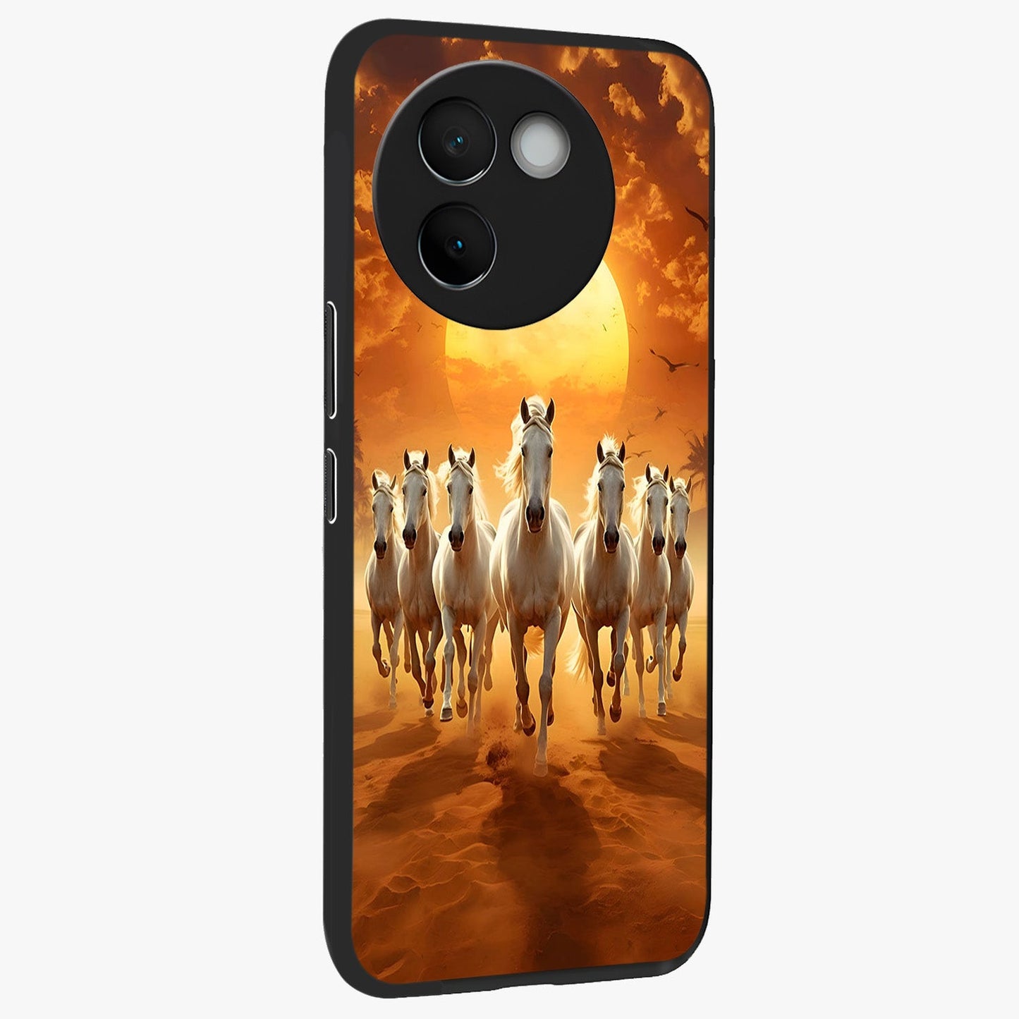Wild Sunset Majesty Glass Case upright view showcasing dramatic sunset artwork with bold nature theme.