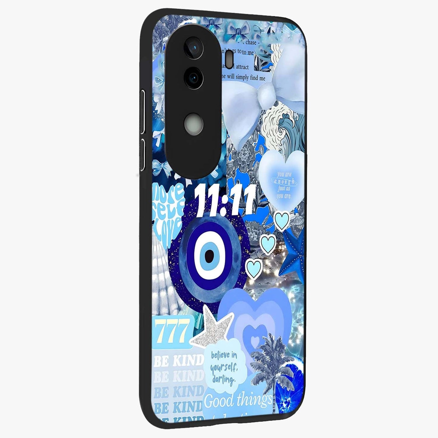 Aesthetic Be Kind Eye Glass Case upright view showcasing stylish eye illustration with positive message theme.