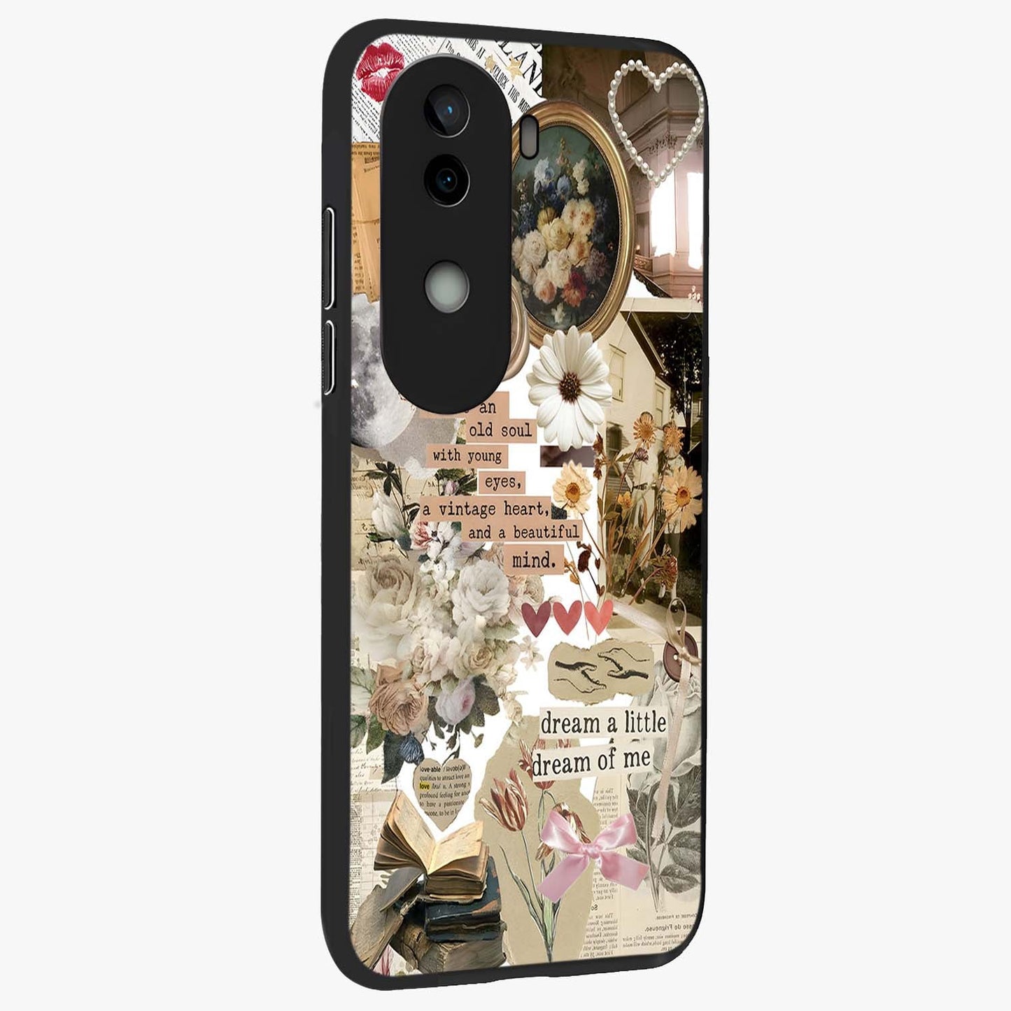Aesthetic Brown Vintage Collage Glass Case upright view showcasing nostalgic retro artwork with stylish vintage theme.