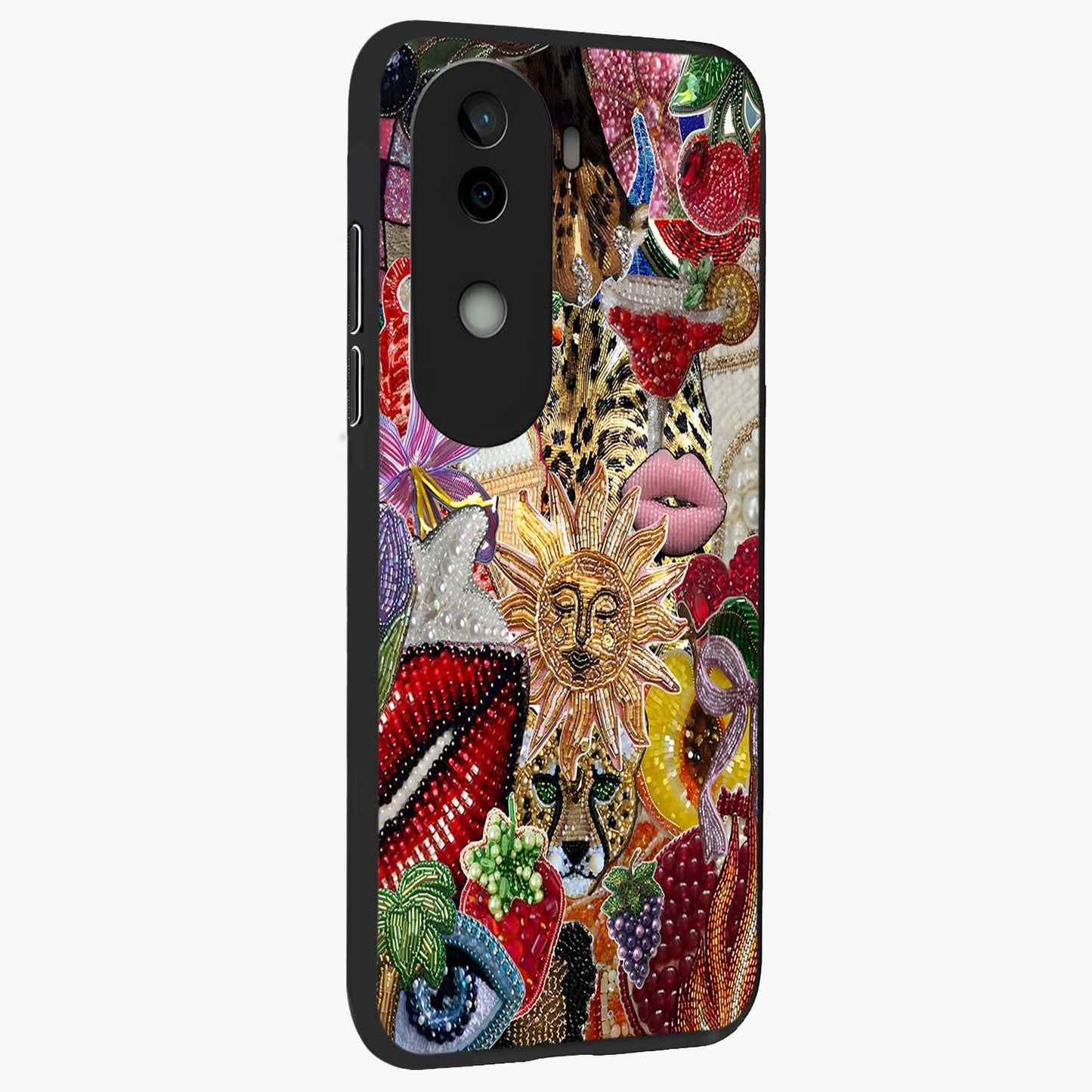 Beaded Fashion Jungle Glass Case upright view showcasing tropical jungle aesthetic with decorative bead elements.