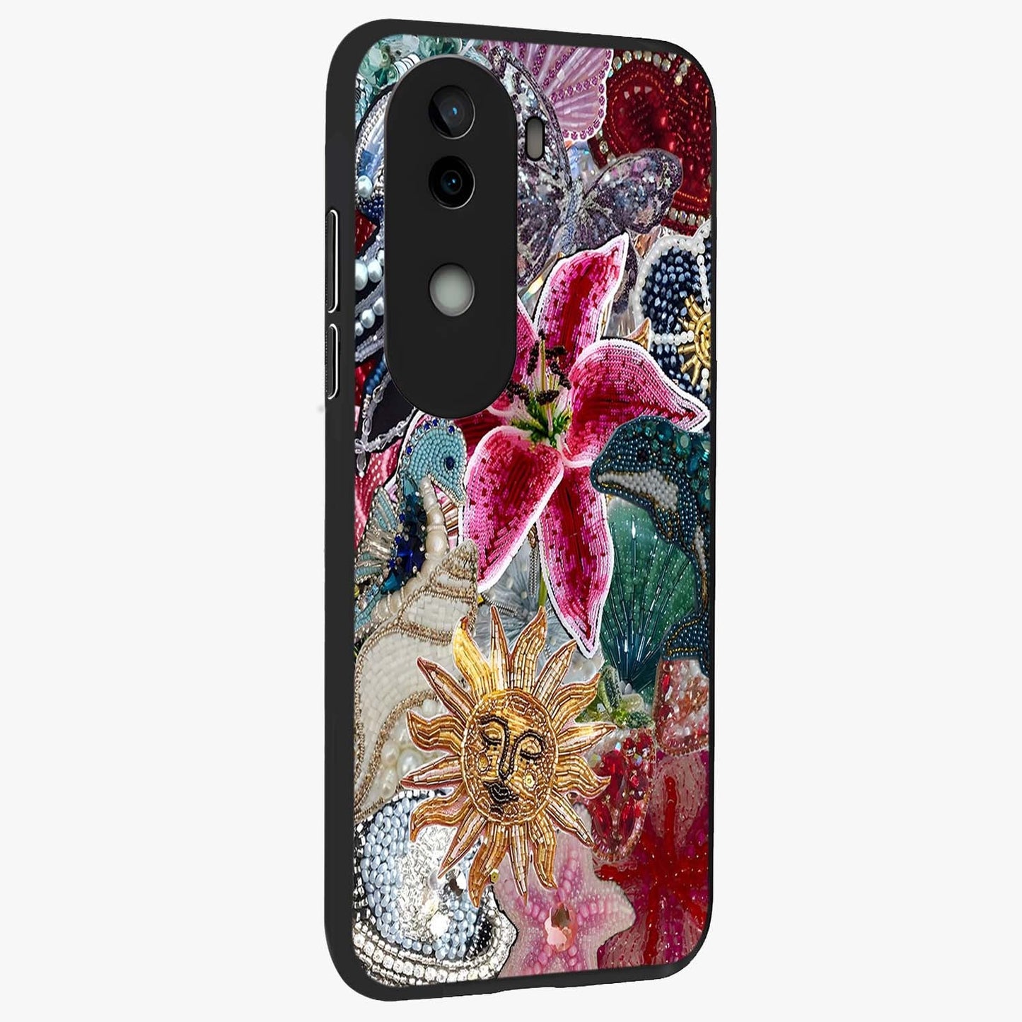 Beaded Garden Fantasy Glass Case upright view showcasing whimsical garden aesthetic with artistic bead details.