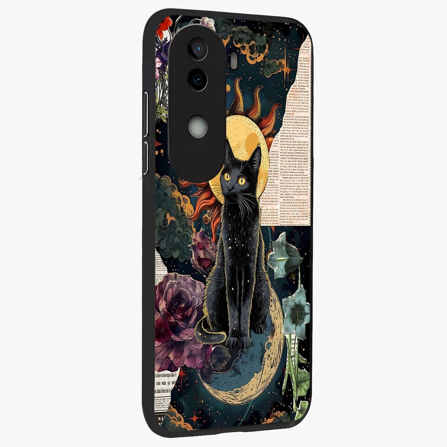 Celestial Black Cat Glass Case upright view showcasing magical black cat illustration with starry cosmic theme.