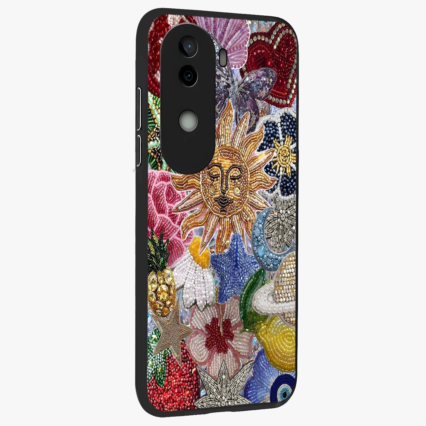 Celestial Floral and Playful Glass Case upright view showcasing whimsical floral artwork with cosmic aesthetic theme.