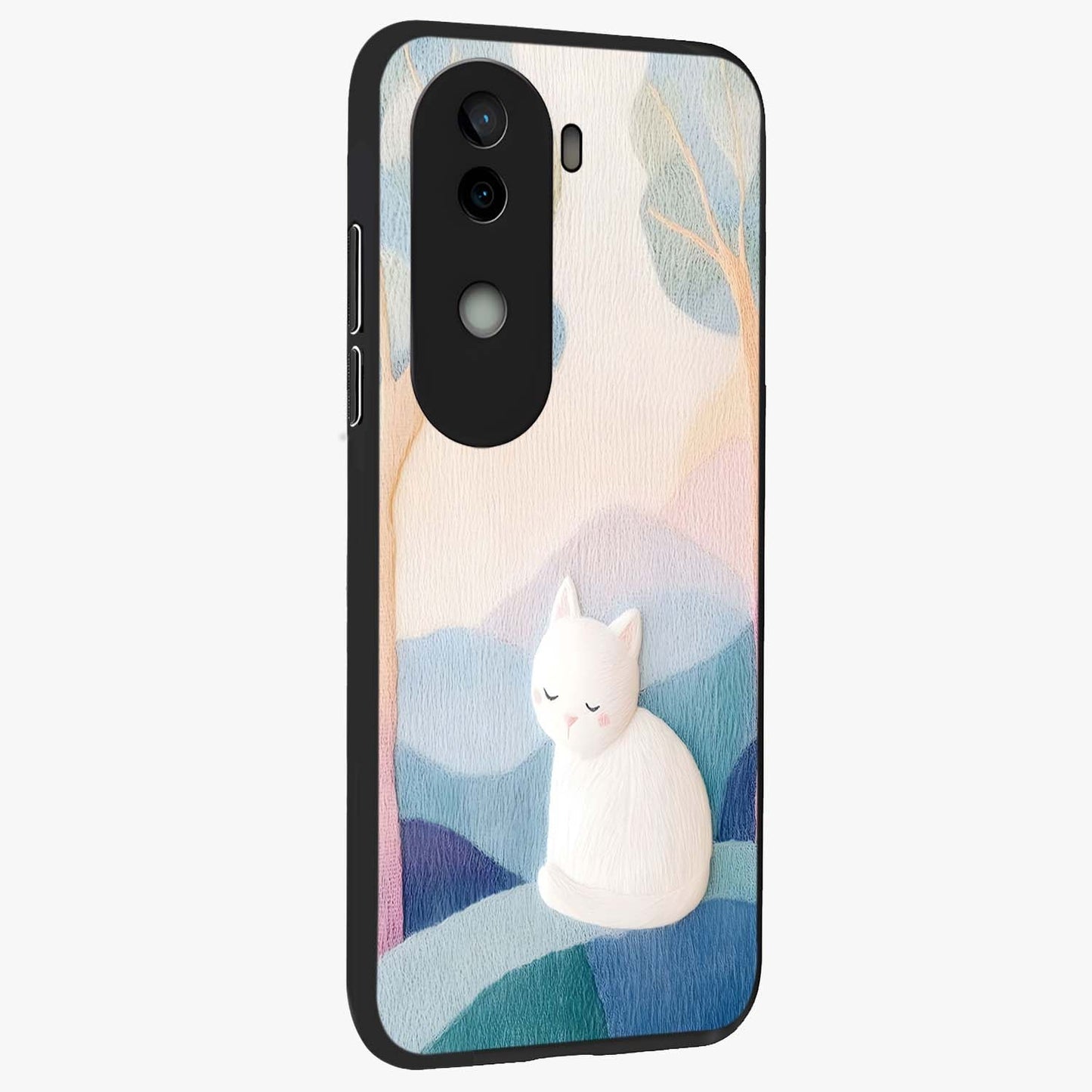 Cotton Dream Cat Glass Case upright view showcasing charming cat artwork with cozy dreamy theme.
