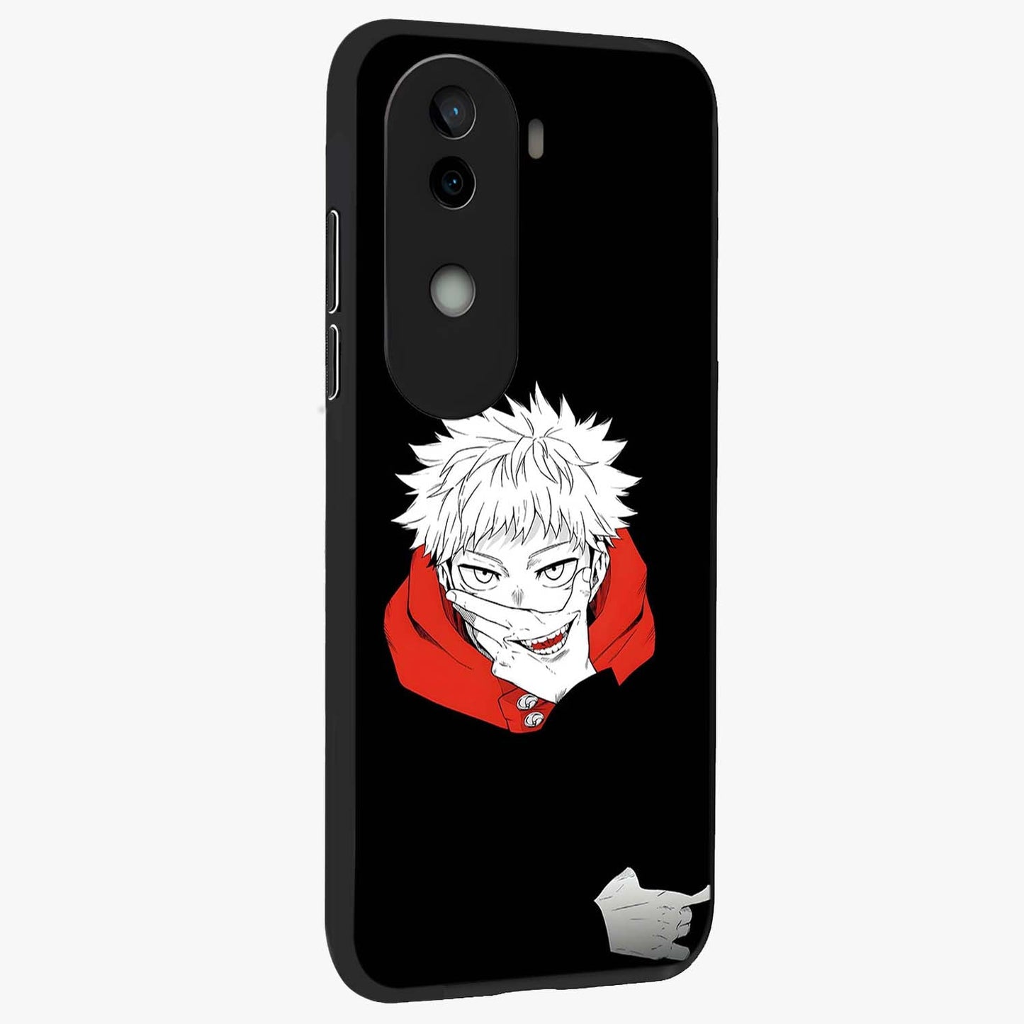 Crimson Chaos Smile Glass Case upright view showcasing expressive chaotic artwork with striking visual theme.