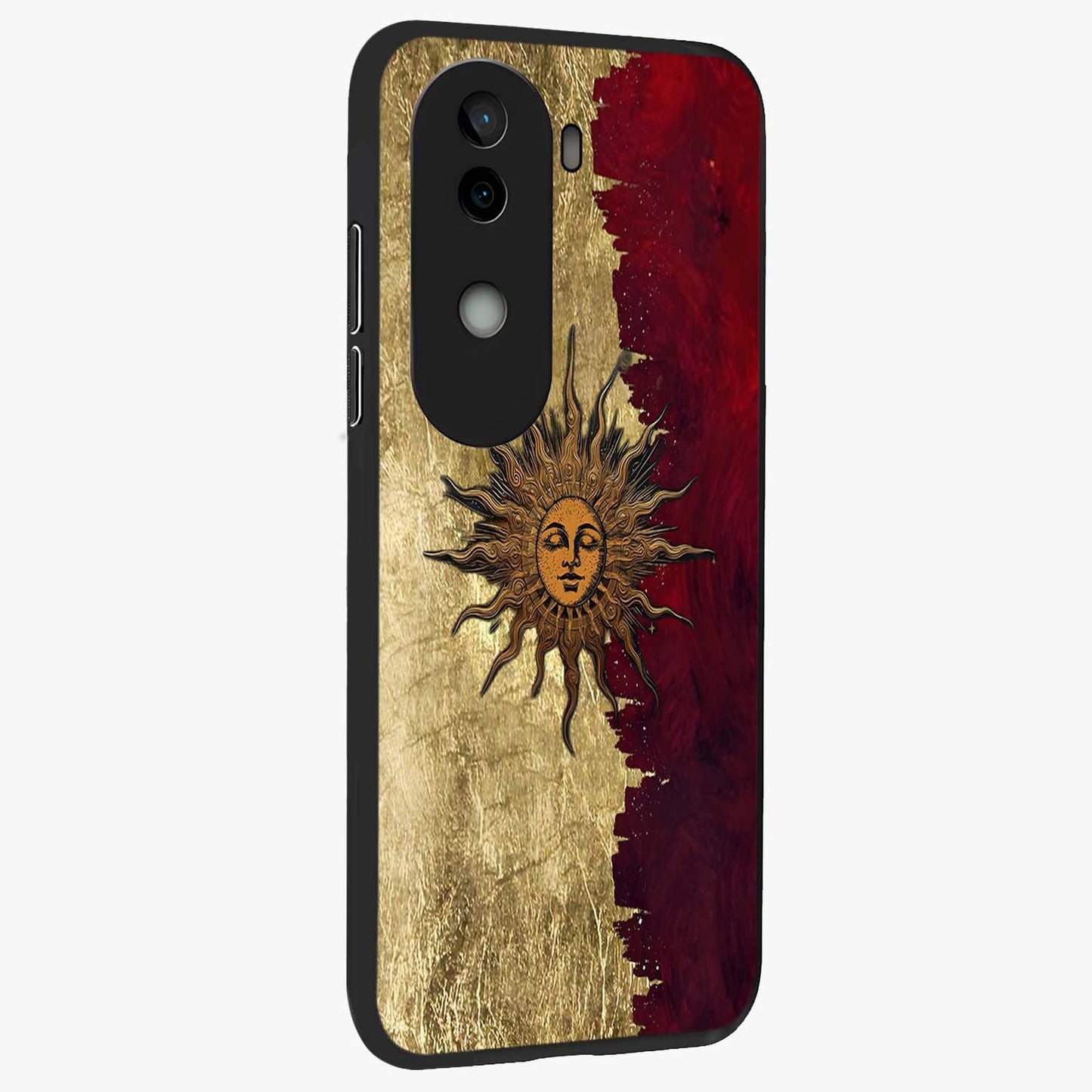 Crimson Sun Majesty Glass Case upright view showcasing vibrant sun artwork with powerful celestial theme.