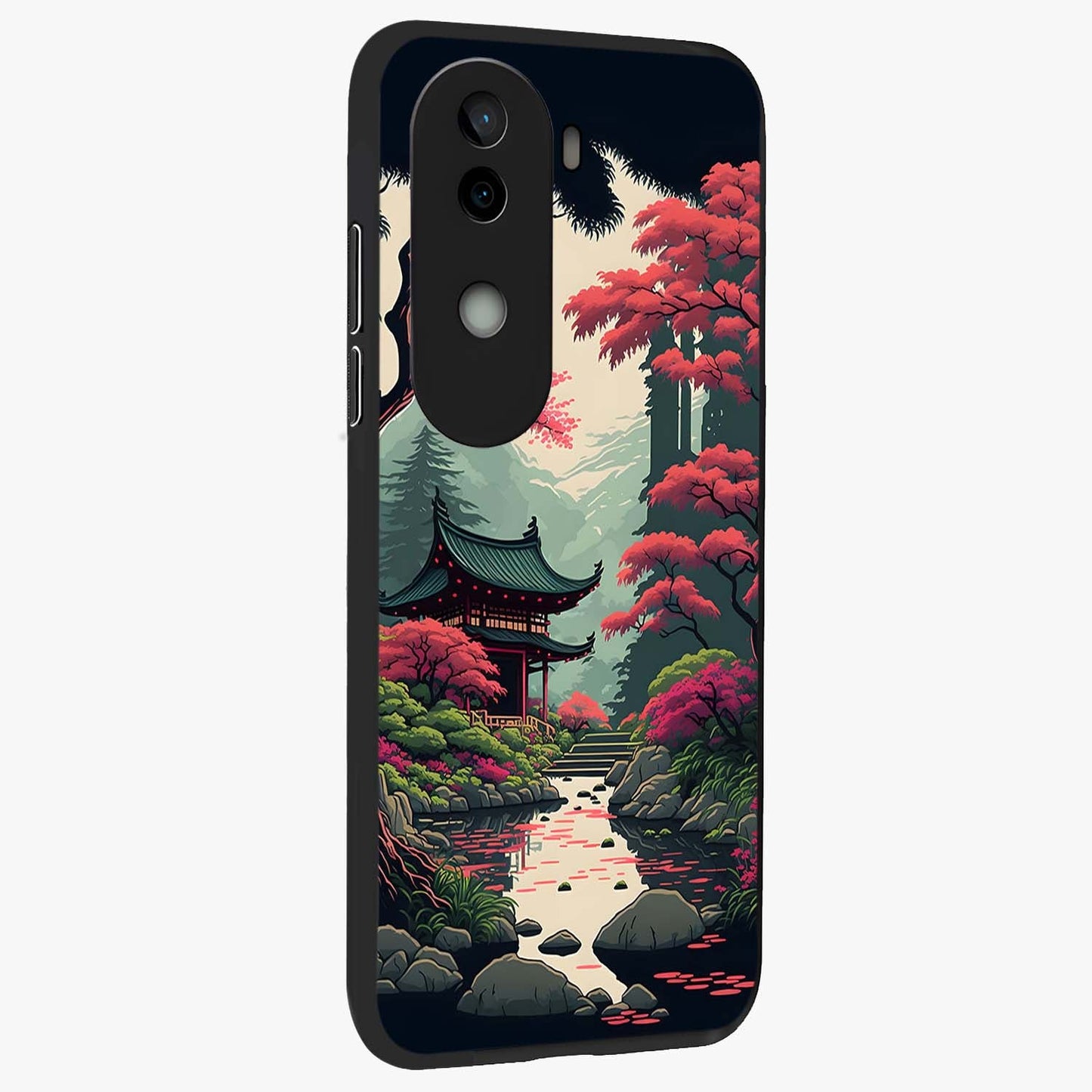 Crimson Temple View Glass Case upright view showcasing architectural temple artwork with dramatic crimson theme.