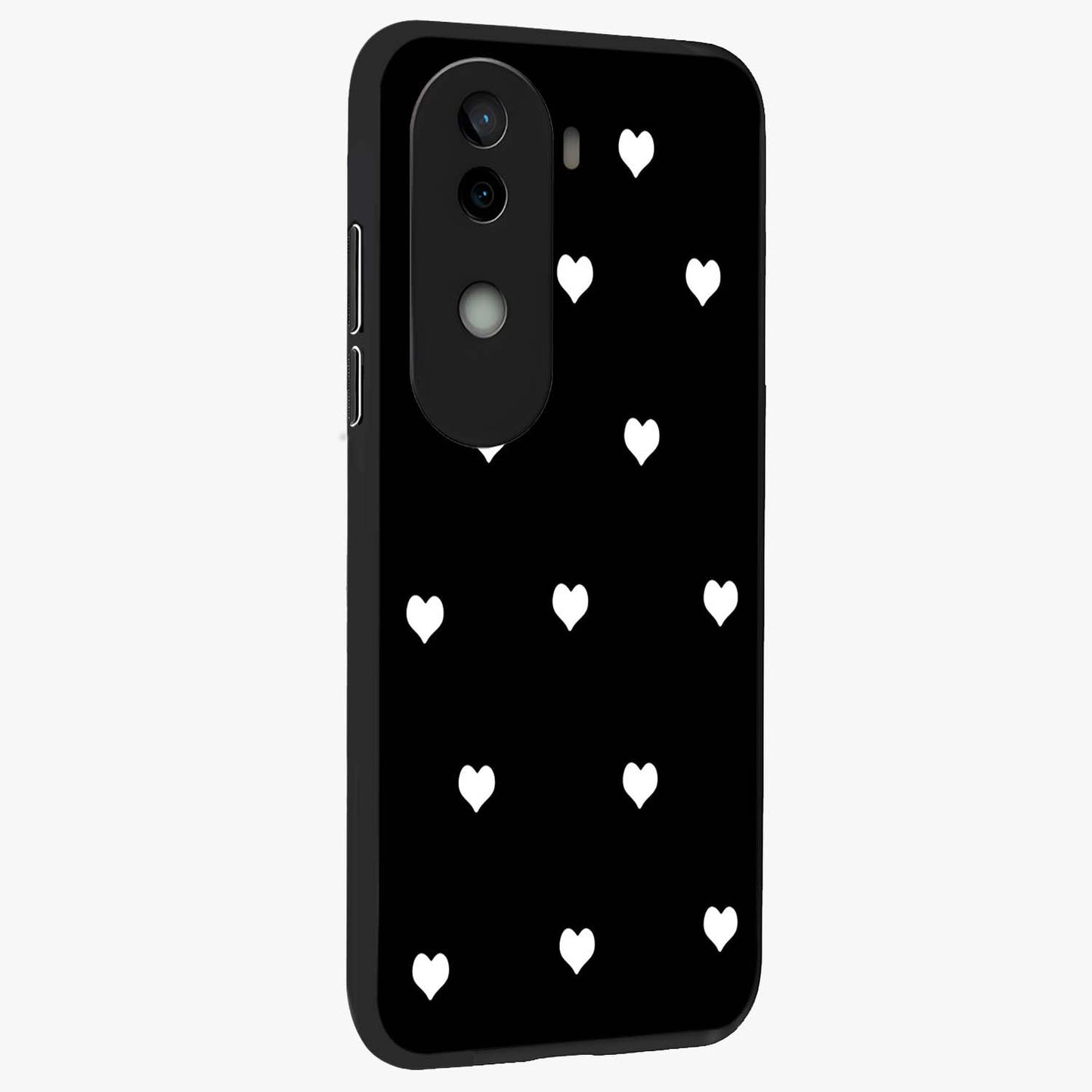 Cute And Simple White Hearts Glass Case upright view showcasing simple white hearts artwork with soft minimal theme.