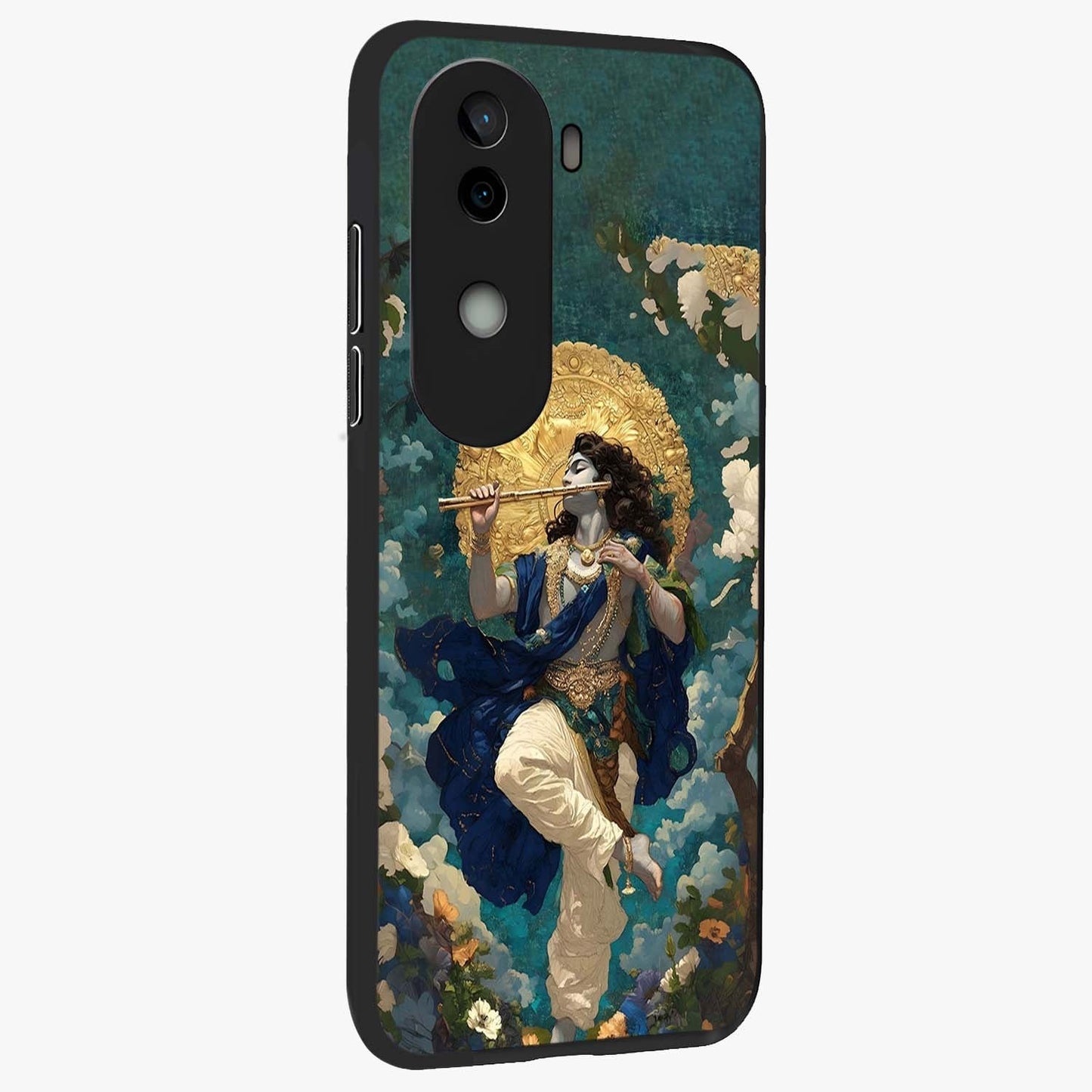 Divine Krishna Art Glass Case upright view showcasing divine Krishna artwork with sacred artistic theme.
