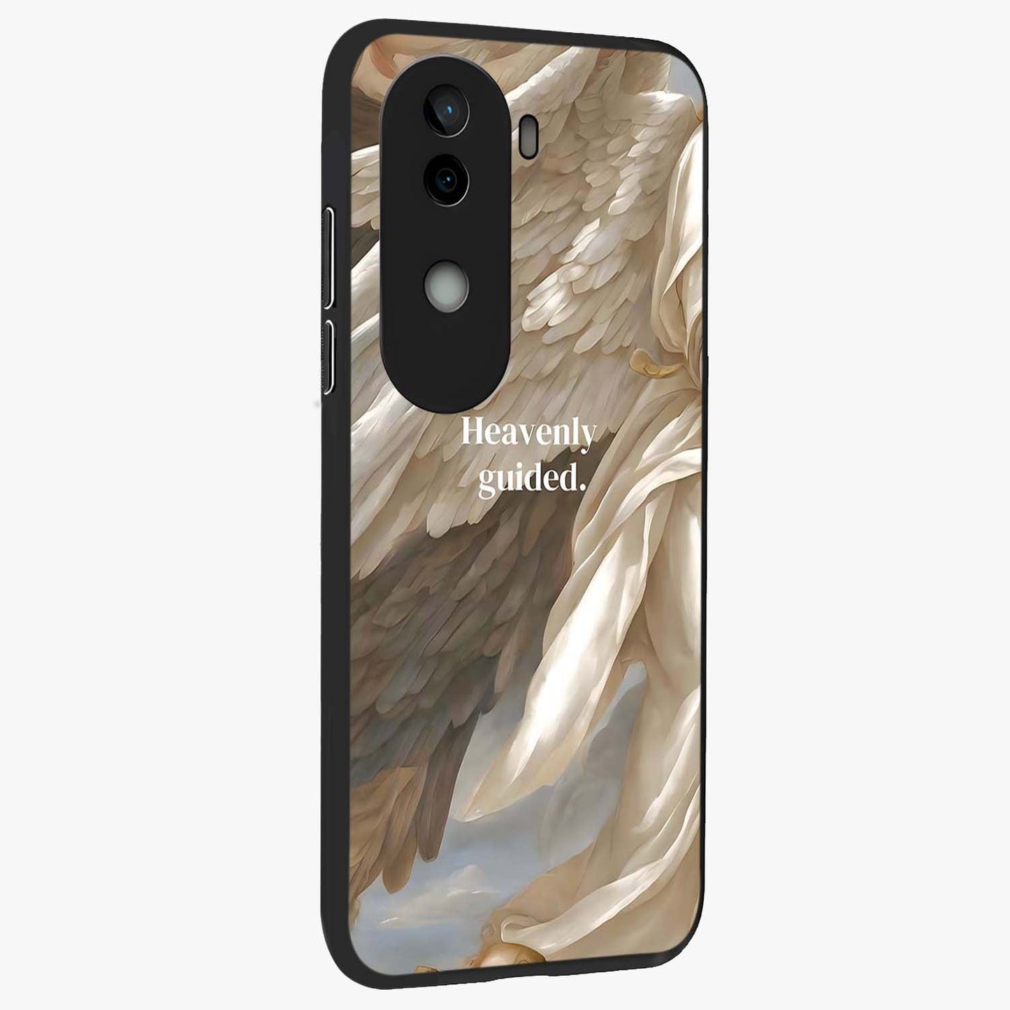 Divine Winged Grace Glass Case upright view showcasing spiritual wing artwork with soft celestial theme.