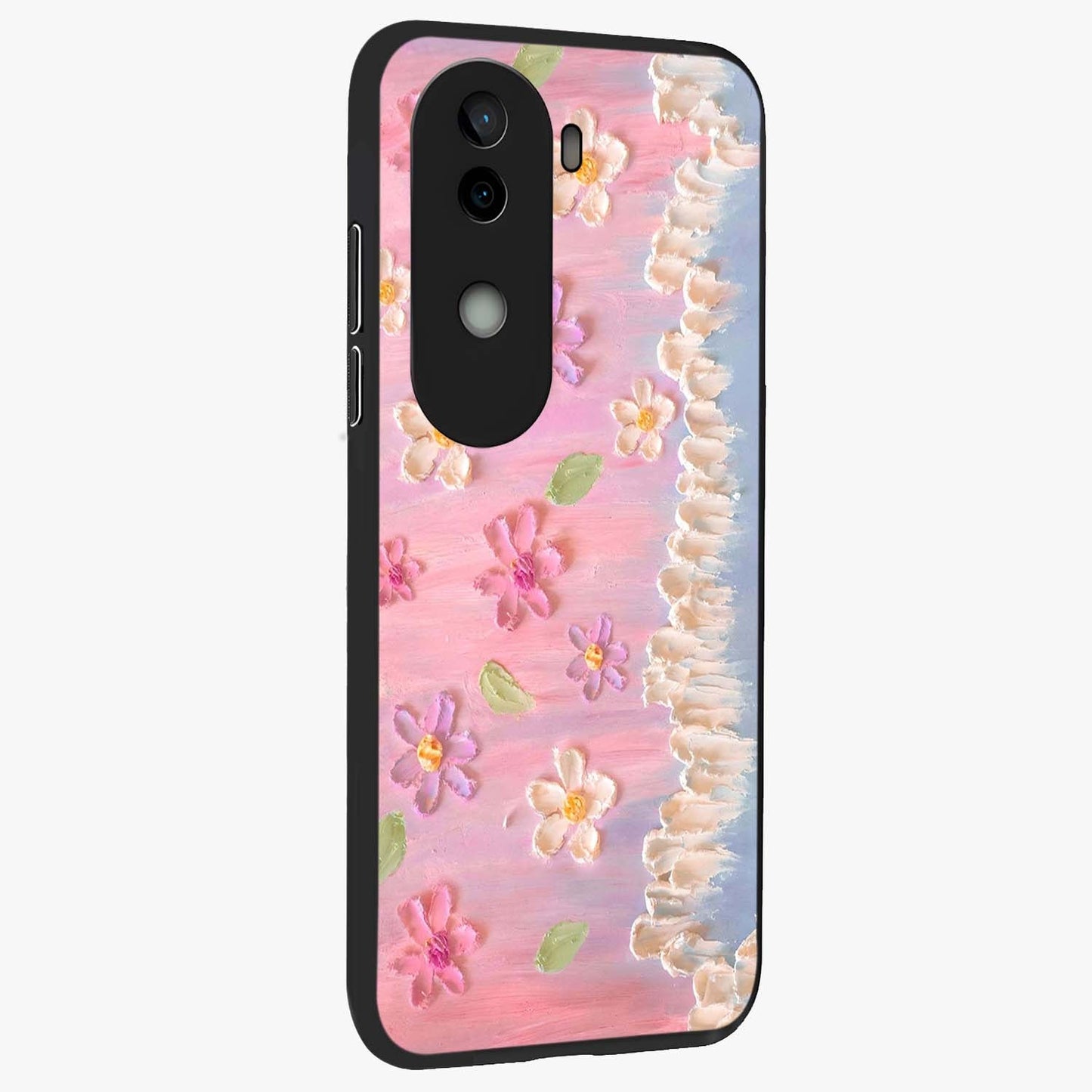 Dreamy Painted Garden Glass Case upright view showcasing vibrant floral garden artwork with artistic nature theme.