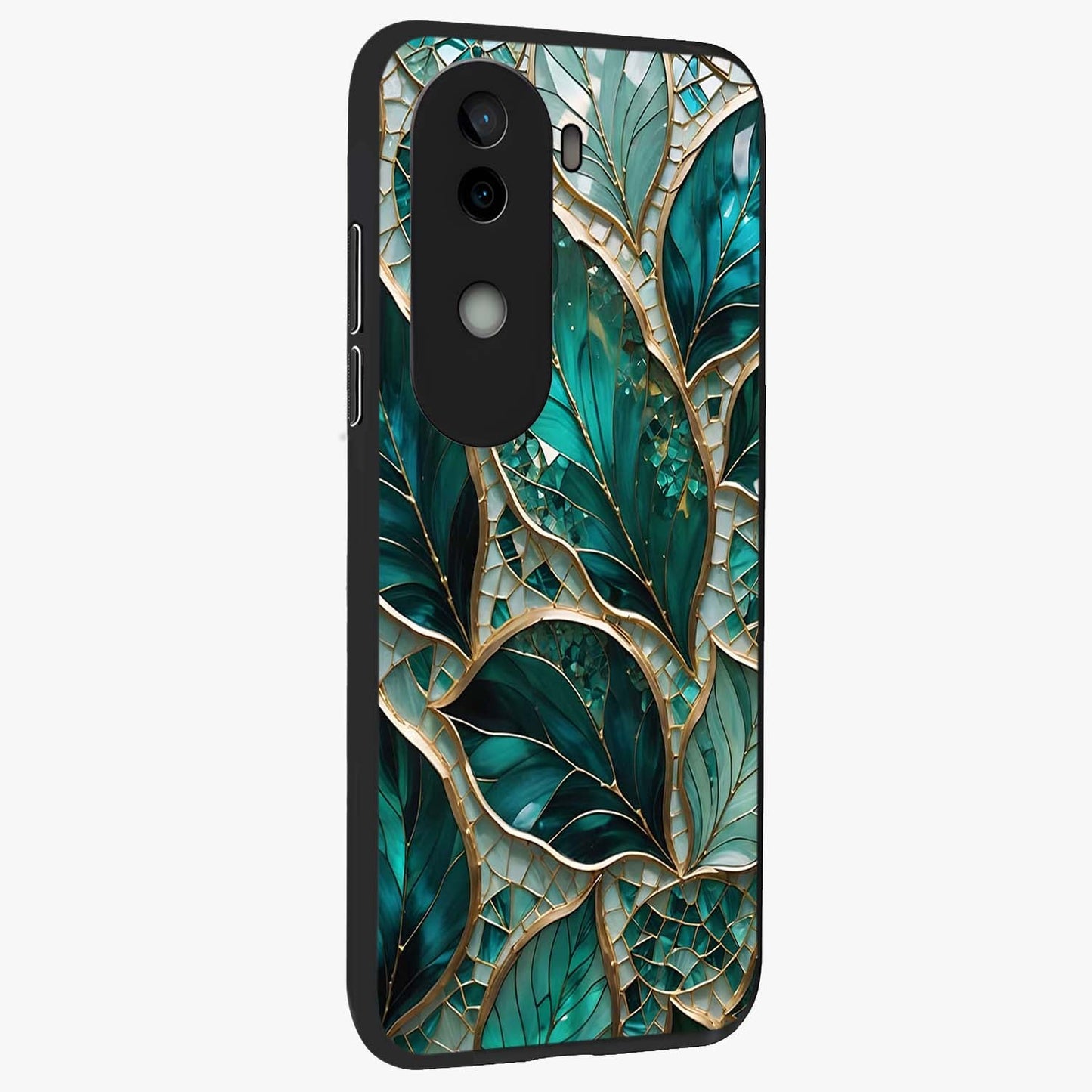 Emerald Leaf Glass Glass Case upright view showcasing fresh green leaf artwork with calming nature inspired style.