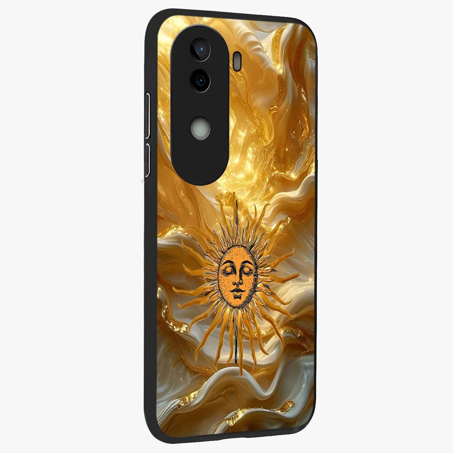 Eternal Golden Glow Glass Case upright view showcasing luminous golden artwork with luxurious visual theme.