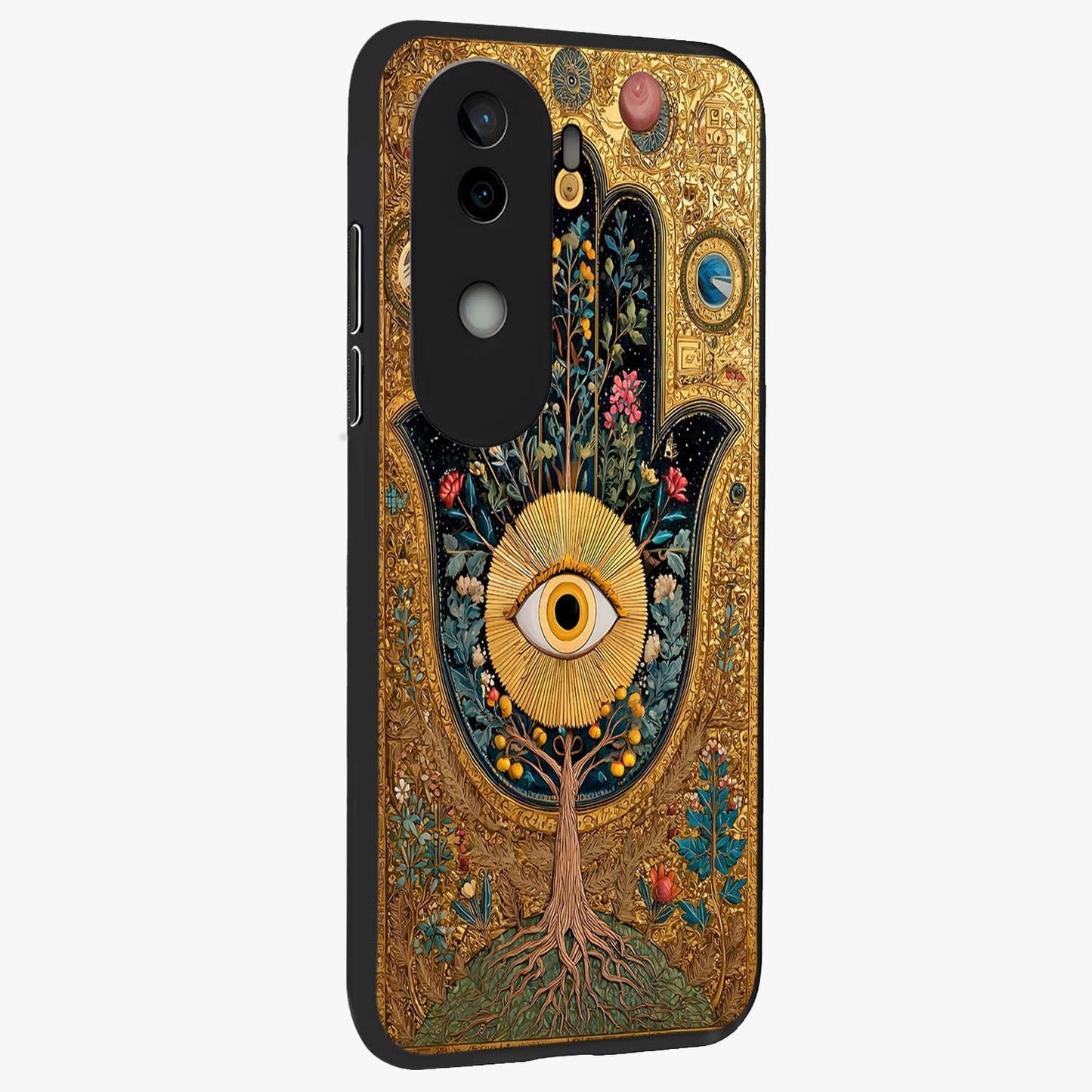 Ethereal Evil Eye Glass Case upright view showcasing celestial evil eye artwork with mystical theme.