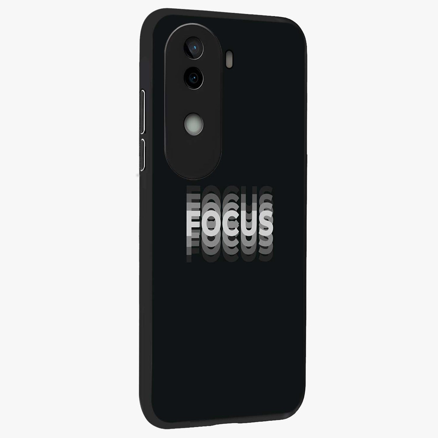 Focus Mode On Glass Case upright view showcasing strong typography statement with sleek motivational theme.