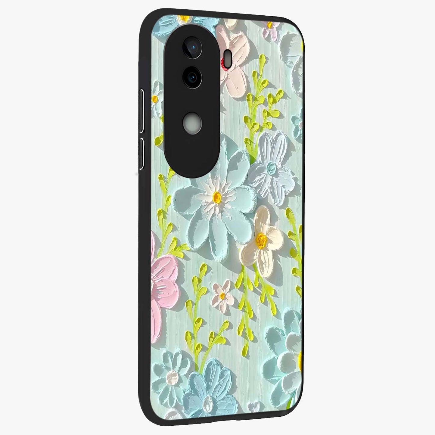 Frosted Petal Garden Glass Case upright view showcasing elegant floral garden artwork with soothing pastel theme.
