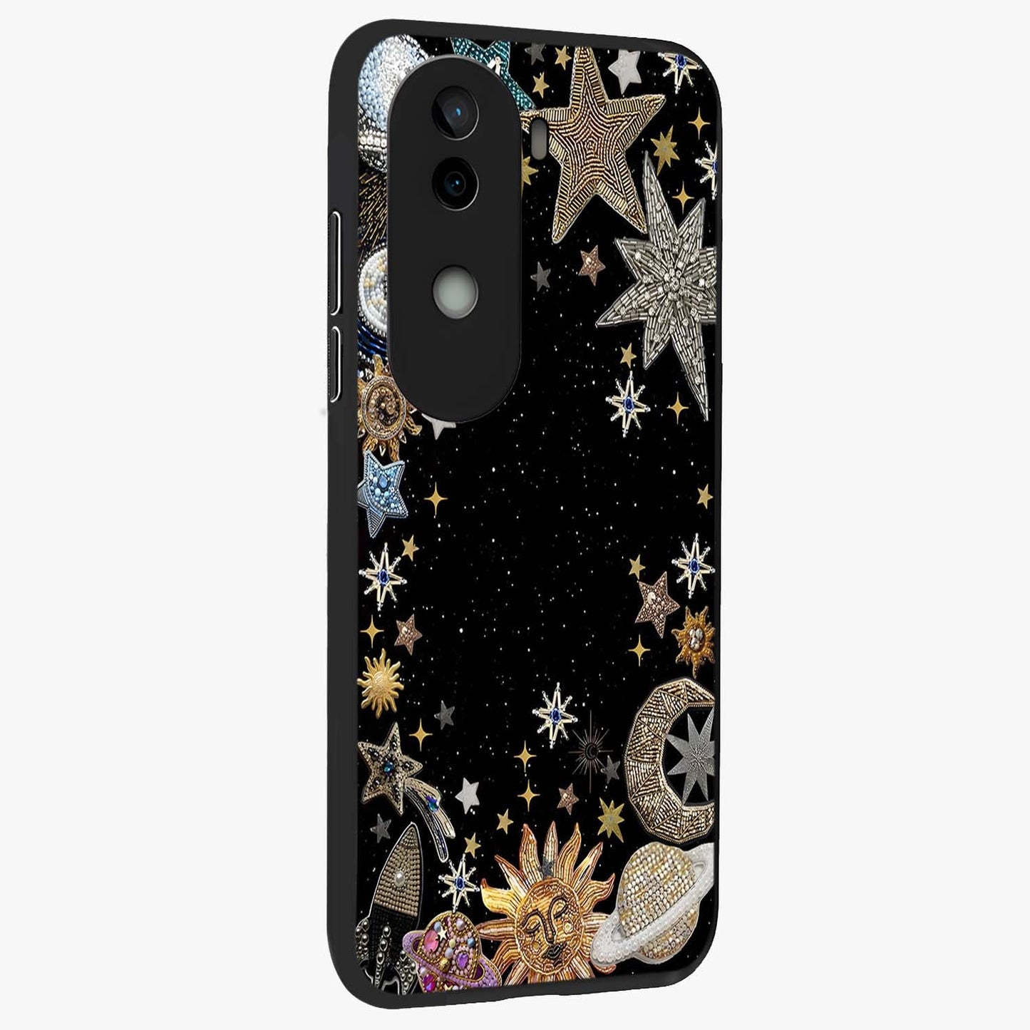 Galactic Jewel Stars Glass Case upright view showcasing glittering star jewel artwork with vibrant galaxy theme.