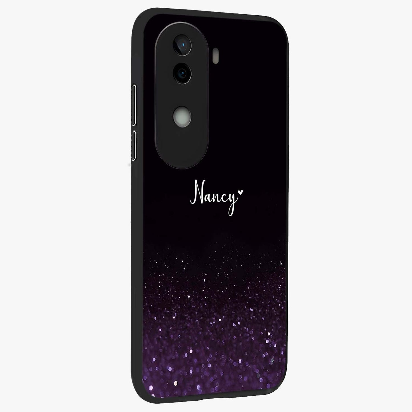 Glittery Purple Bokeh Custom Name Glass Case upright view showcasing vibrant purple sparkle artwork with personalized aesthetic style.