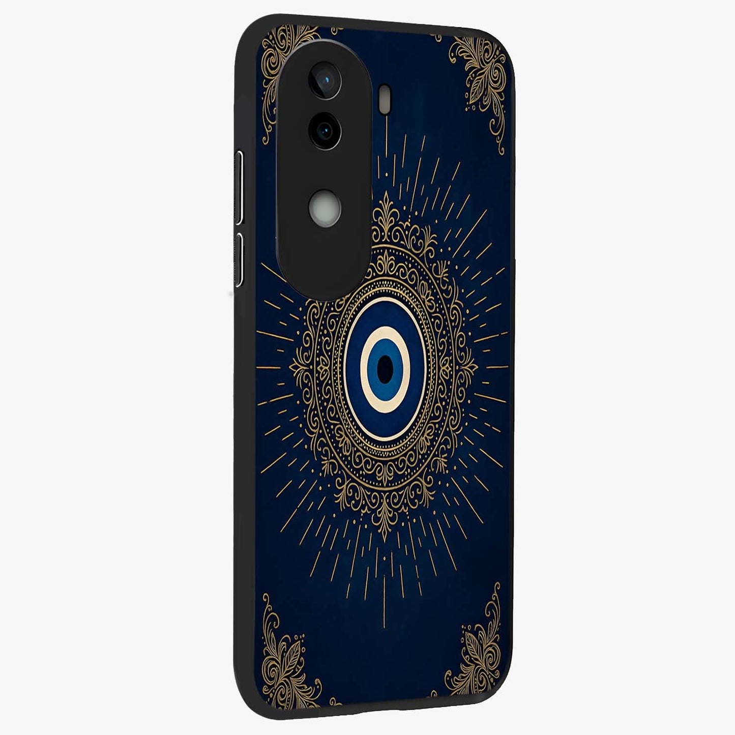 Golden Celestial Charm Glass Case upright view showcasing radiant celestial artwork with elegant golden theme.