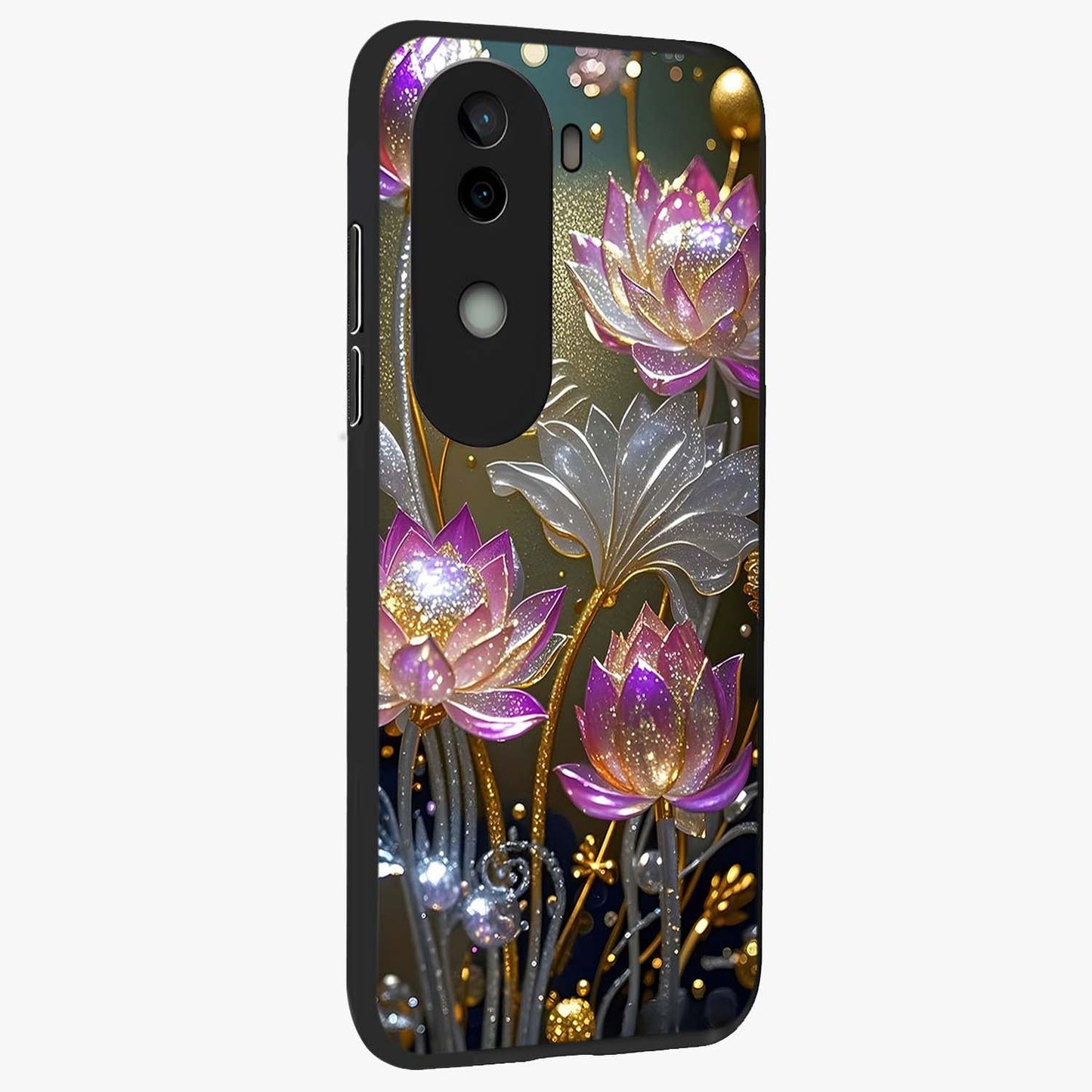 Golden Floral Majesty Glass Case upright view showcasing majestic floral artwork with rich decorative theme.