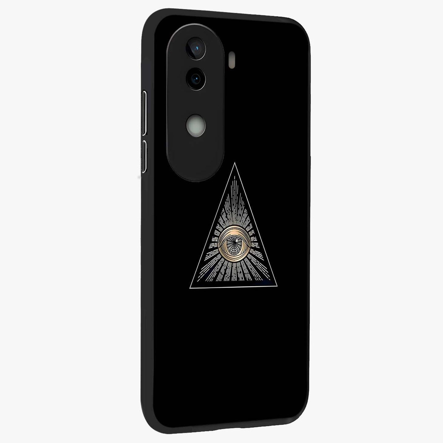 Illuminati Evil Glass Case upright view showcasing striking illuminati artwork with mysterious symbolic theme.