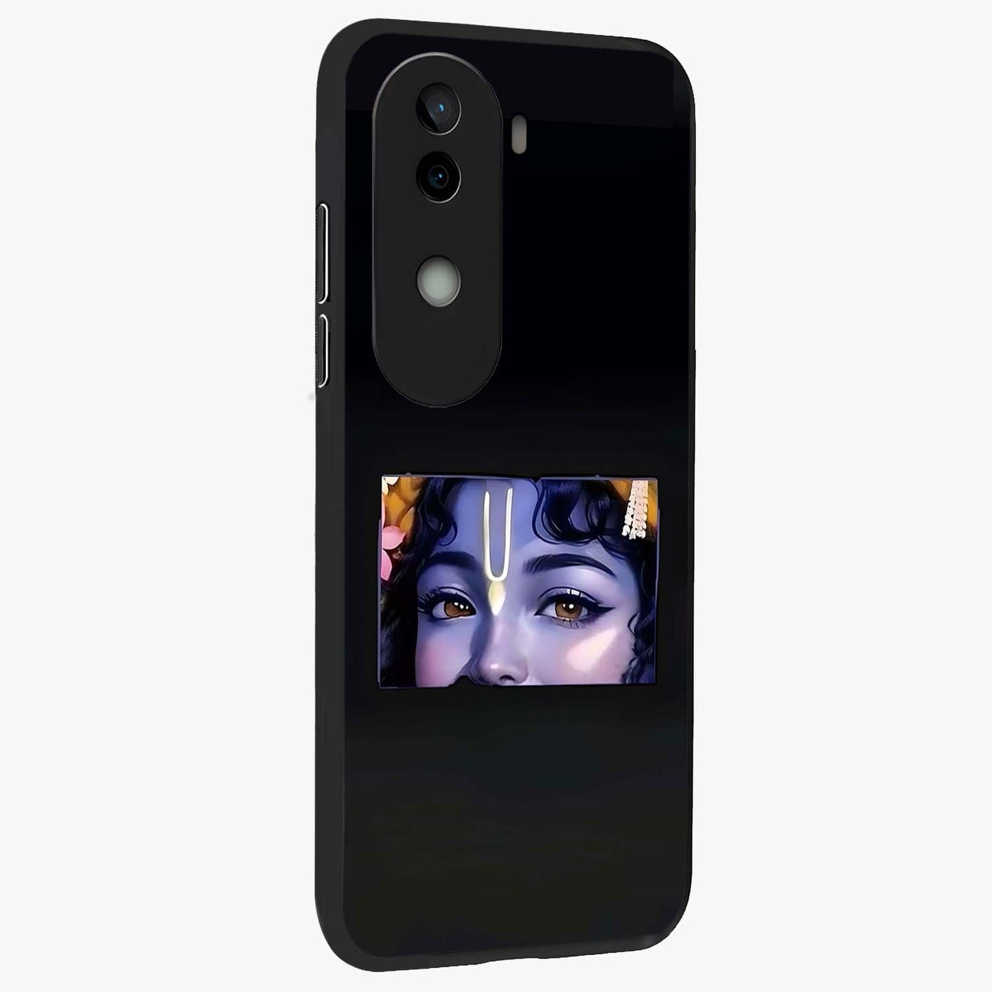 Krishna Divine Embrace Glass Case upright view showcasing sacred Krishna artwork with peaceful devotional theme.