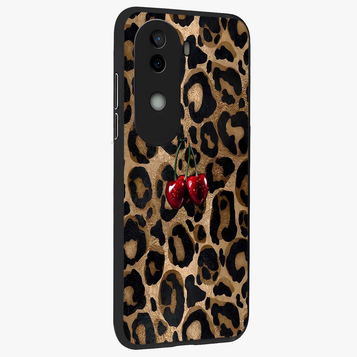 Leopard Wild Cherry Glass Case upright view showcasing stylish leopard pattern artwork with trendy fashion theme.