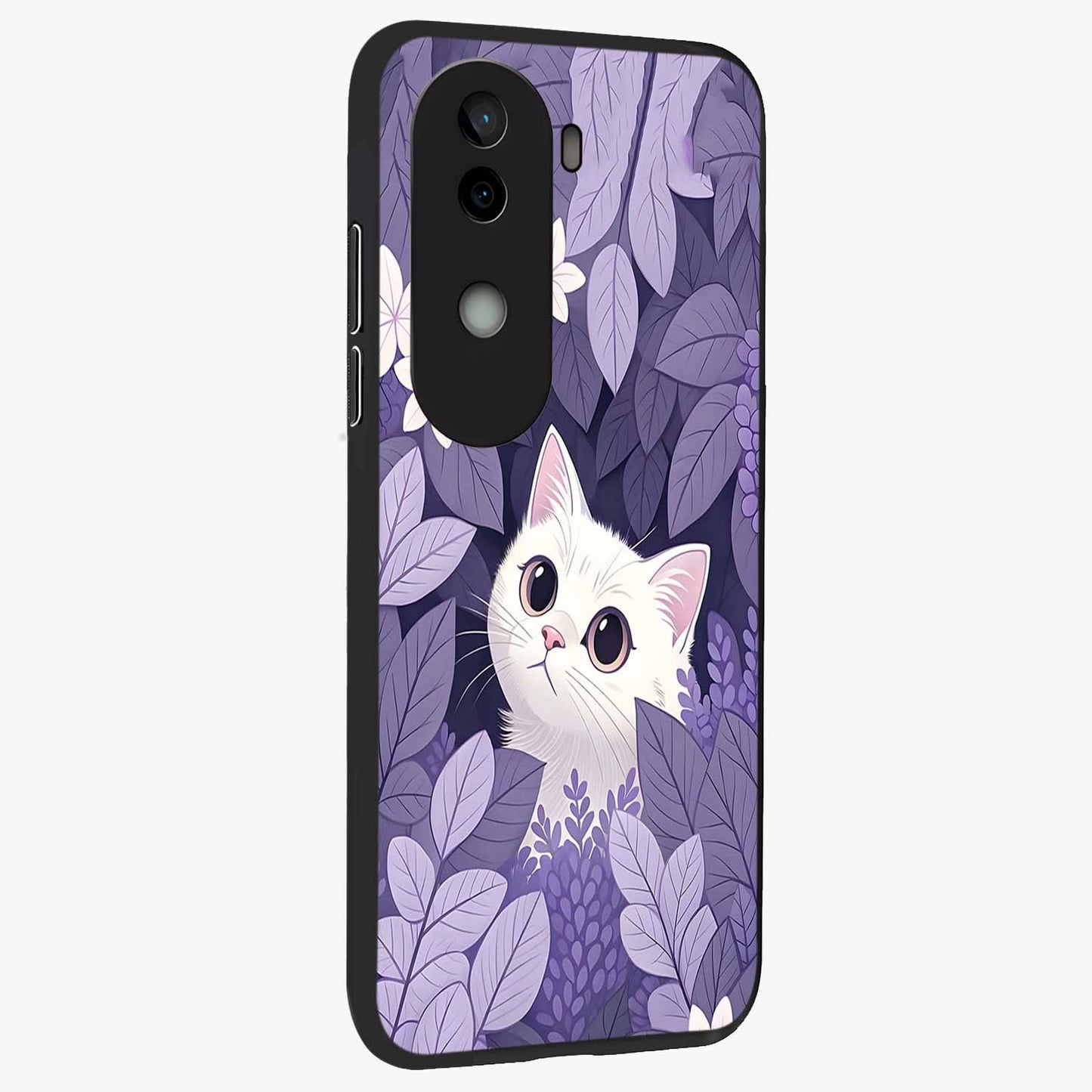 Lilac Hide Peek Cat Glass Case upright view showcasing charming cat artwork with adorable peek theme.