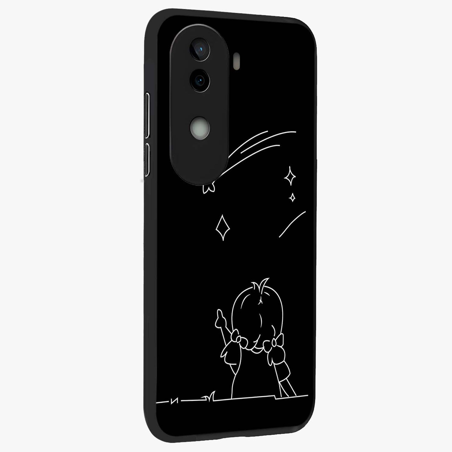Line Art Girl With Shooting Stars Glass Case upright view showcasing delicate shooting stars artwork with minimal artistic theme.