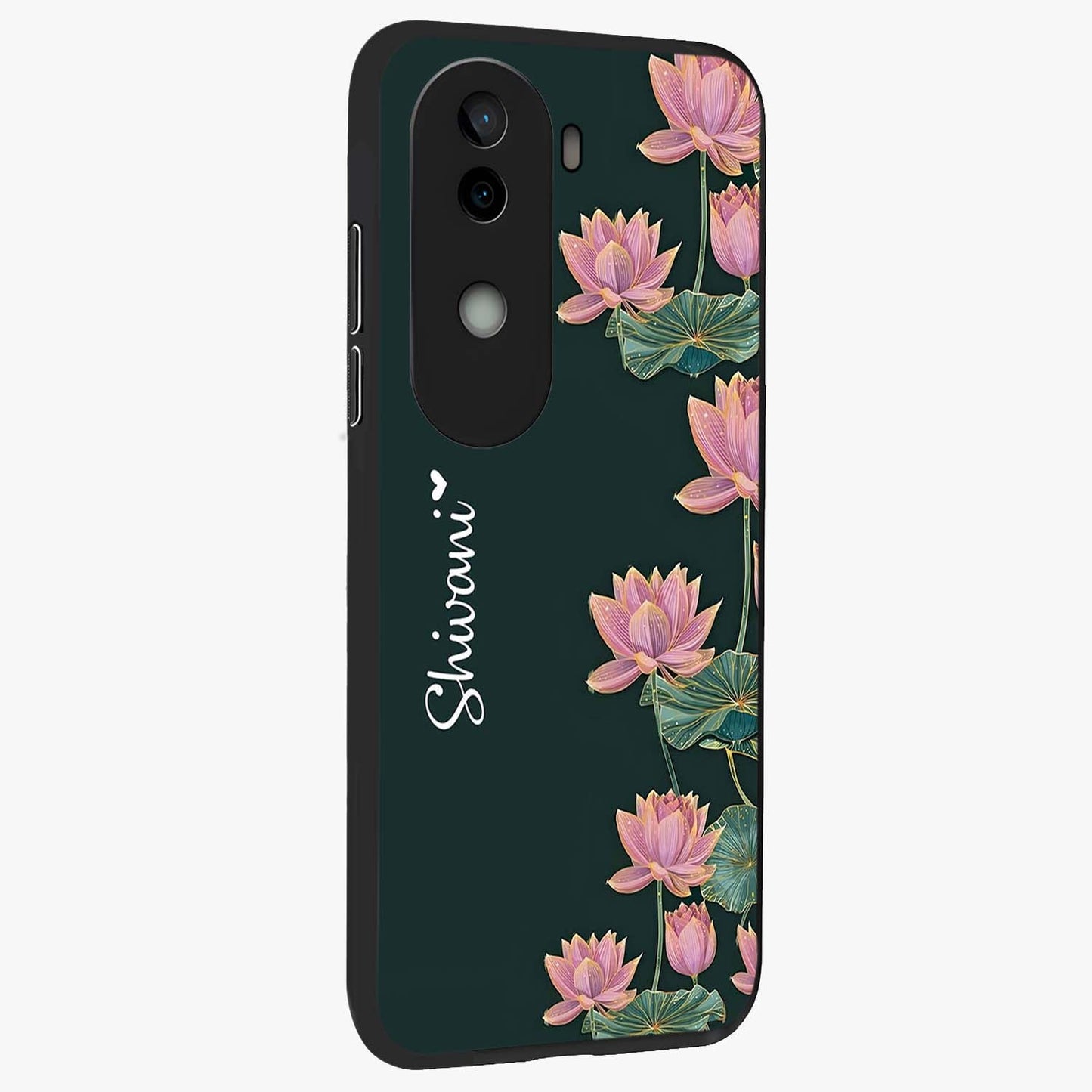 Lotus Bloom Serenity Custom Name Glass Case upright view showcasing serene lotus bloom artwork with personalized floral aesthetic.