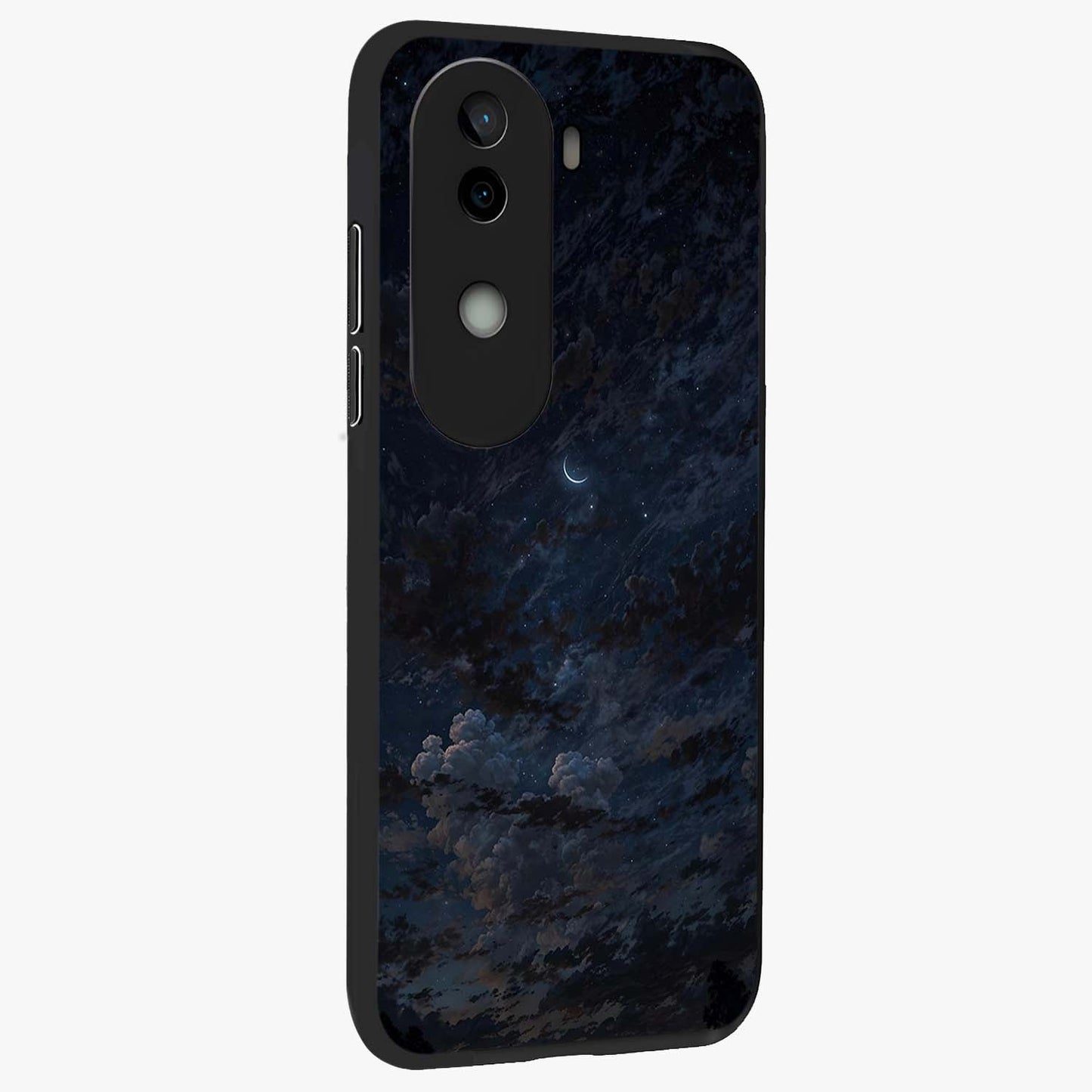 Lunar Veil Silence Glass Case upright view showcasing calm moon themed artwork with serene night atmosphere.