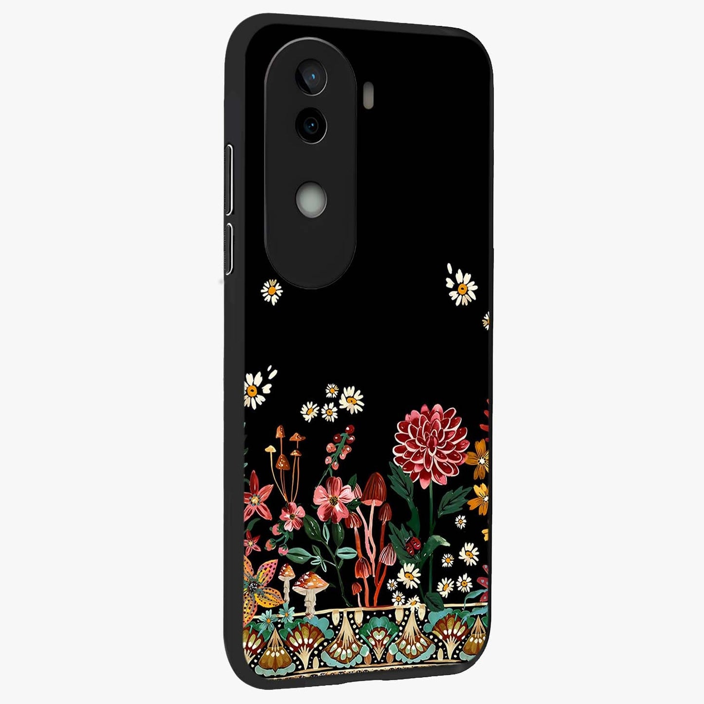 Midnight Bloom Pattern Glass Case upright view showcasing decorative floral artwork with deep night themed palette.