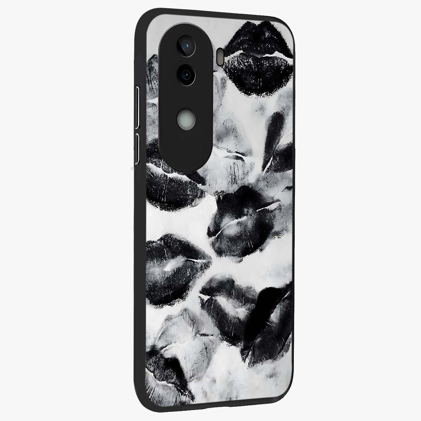 Midnight Kiss Marks Glass Case upright view showcasing stylish kiss mark artwork with trendy romantic theme.