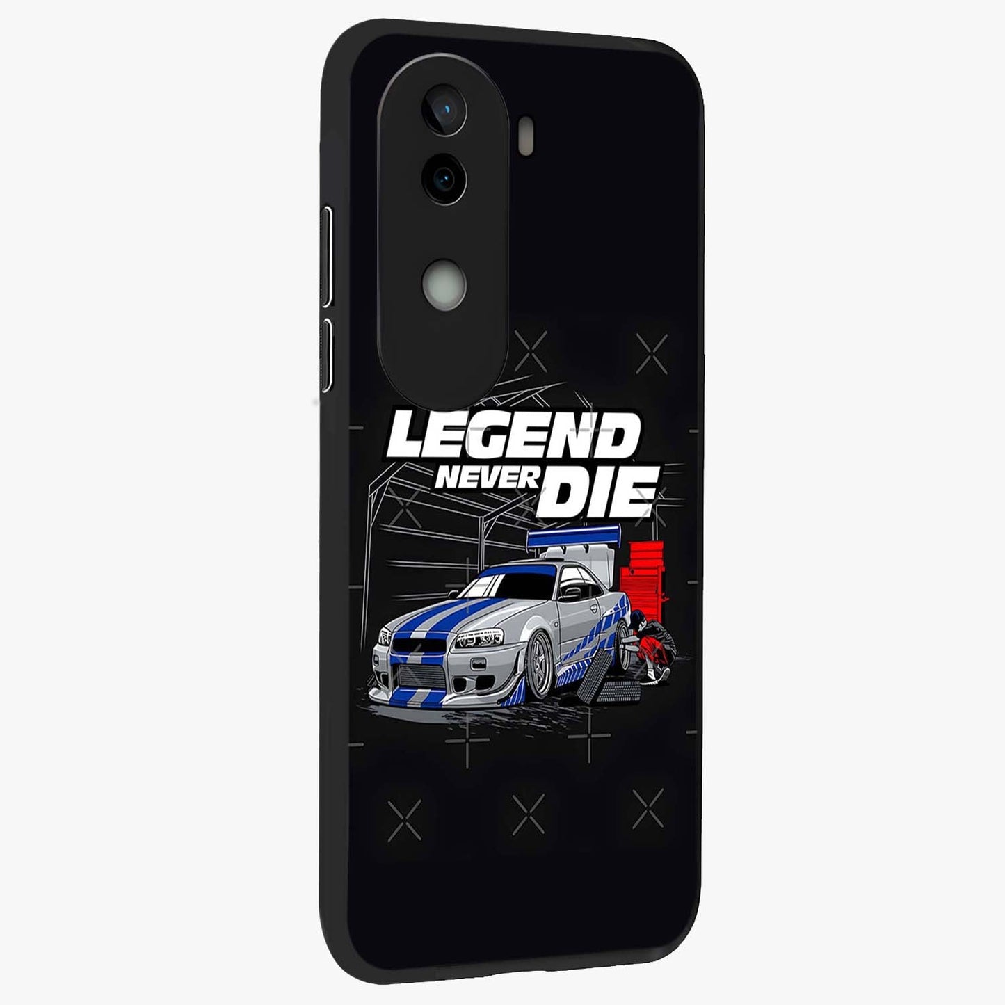 Midnight Racing Legacy Glass Case upright view showcasing powerful racing artwork with modern sports theme.