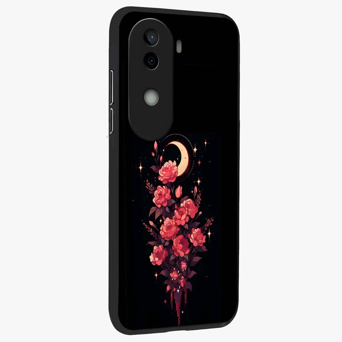 Moonlit Floral Elegance Glass Case upright view showcasing delicate floral artwork with refined night inspired theme.