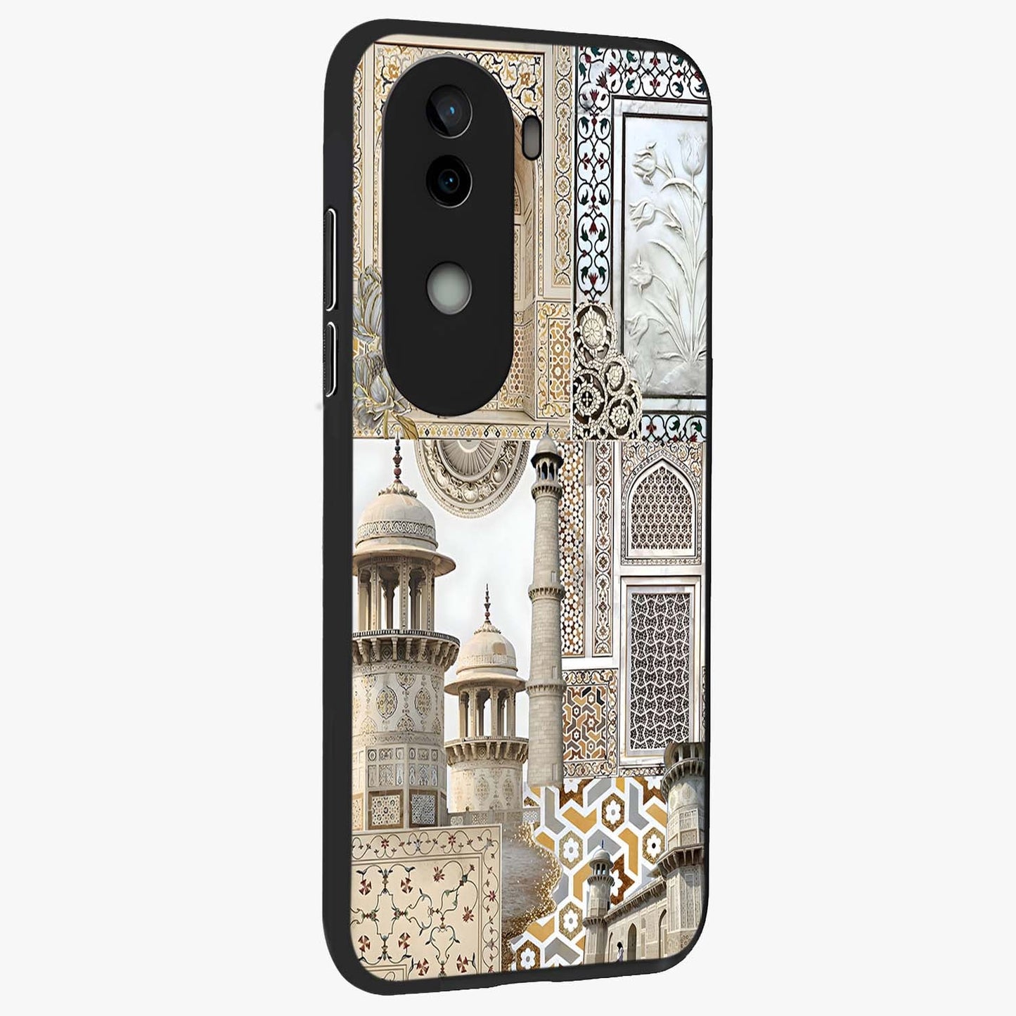 Mughal Marble Legacy Glass Case upright view showcasing ornate Mughal design with luxurious traditional theme.