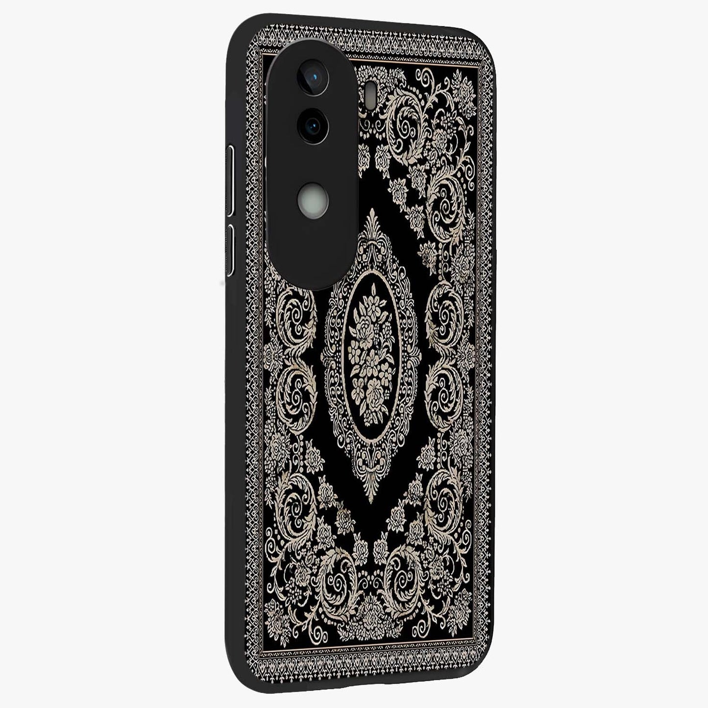Noir Bloom Elegance Glass Case upright view showcasing graceful floral artwork with luxurious dark theme.