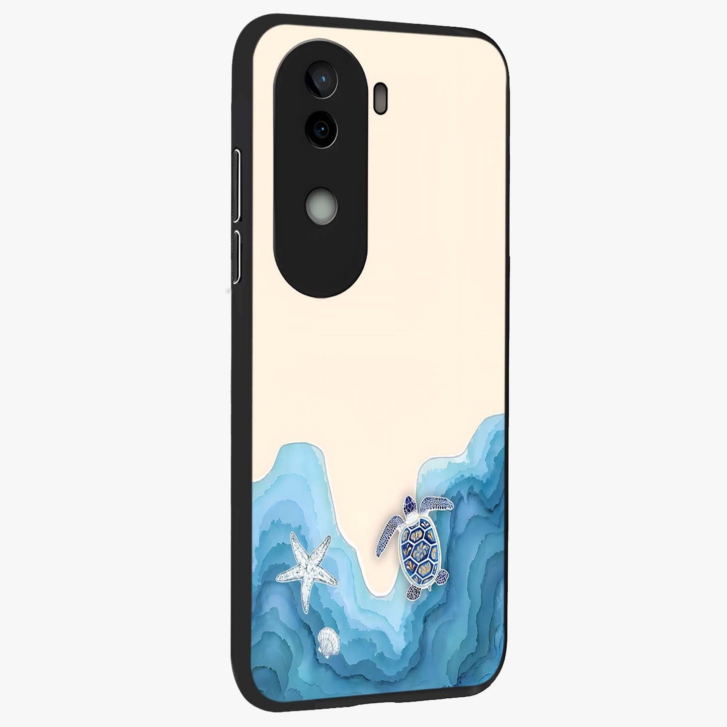 Ocean Drift Turtle Glass Case upright view showcasing calm underwater turtle artwork with nature inspired theme.