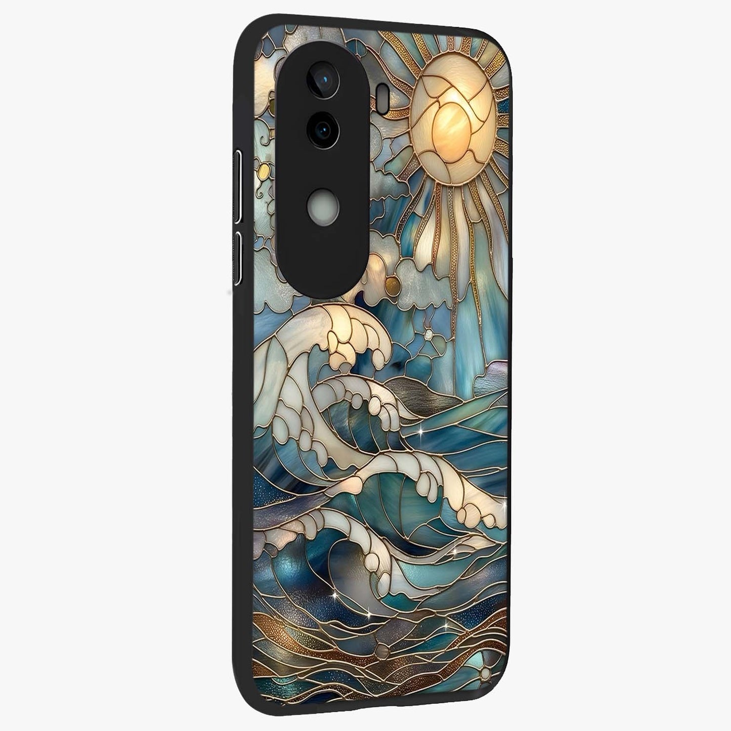 Oceanic Stained Printed Glass Case upright view showcasing decorative ocean pattern artwork with vibrant marine theme.