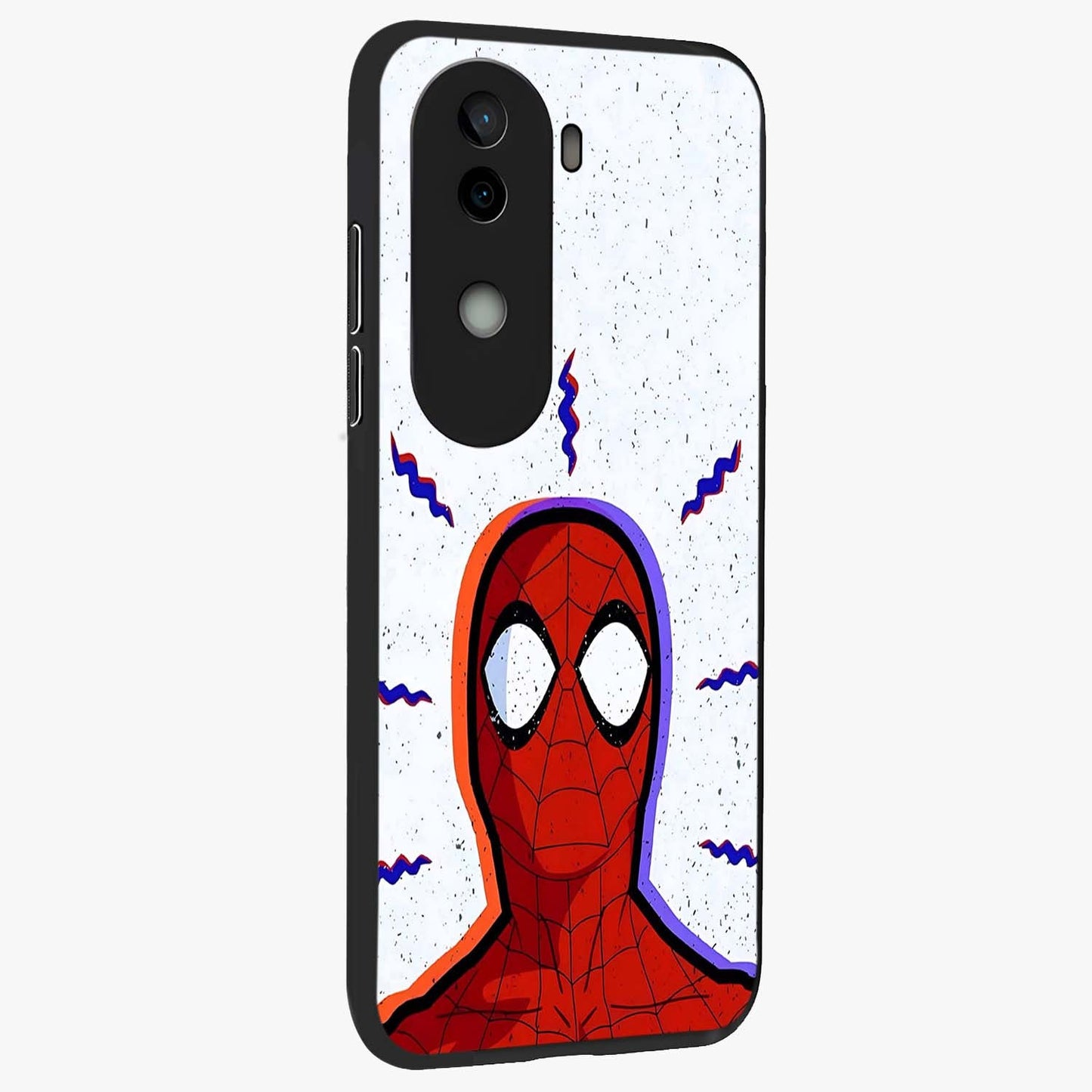 Omg Spiderman Glass Case upright view showcasing energetic superhero artwork with vibrant comic theme.