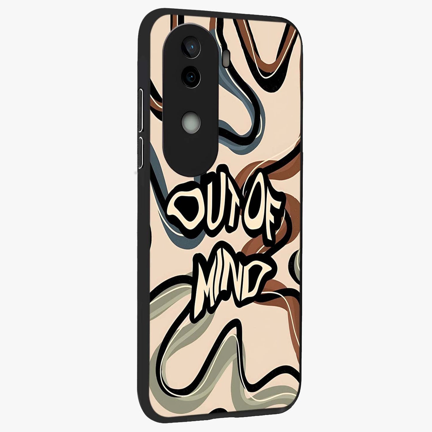 Out Of Mind Glass Case upright view showcasing striking typography artwork with edgy conceptual theme.